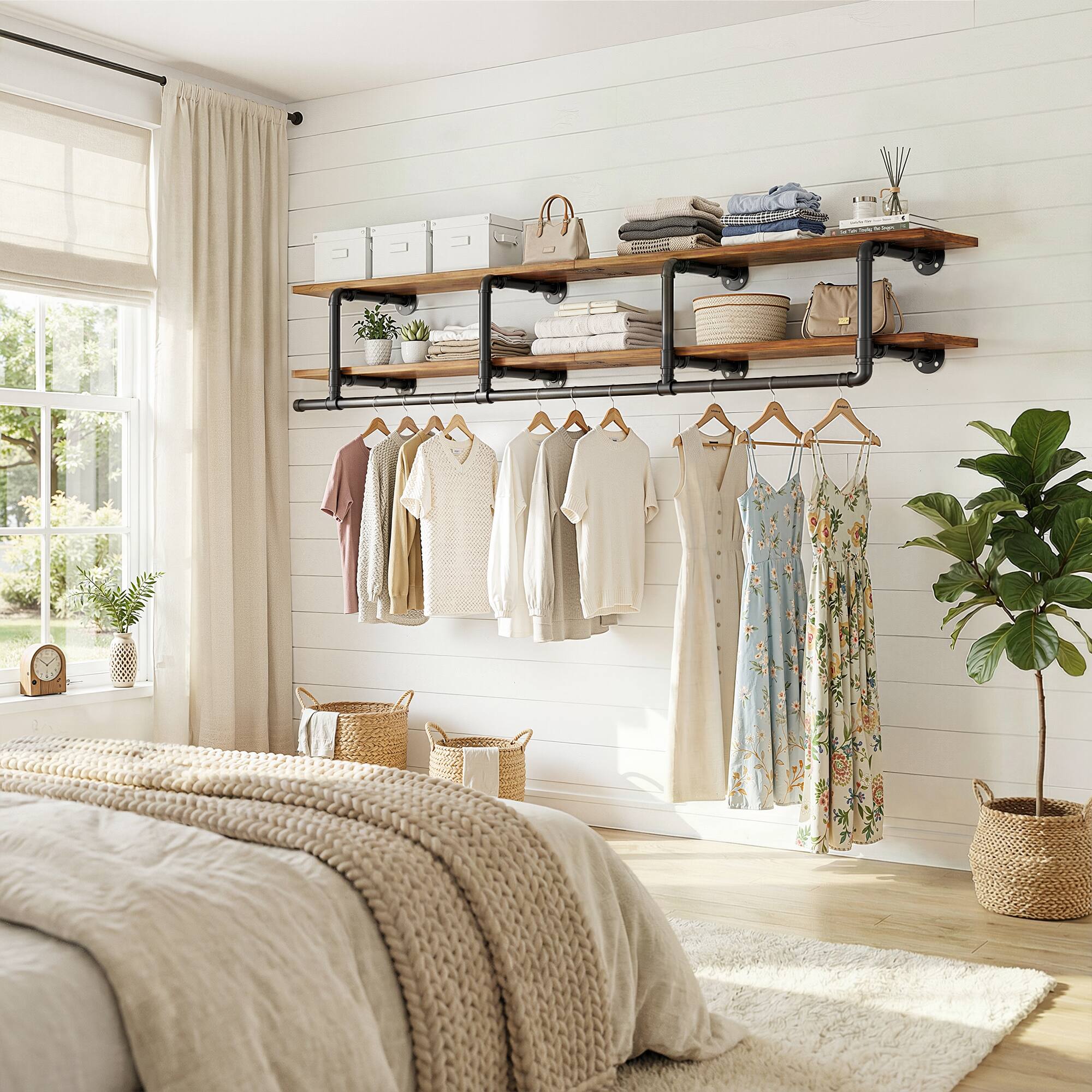 Alt View 2. Aheaplus - 72.5'' Wide Wall Industrial Pipe Garment Rack, 2-Tier Wall Clothing Rack for Laundry/Entryway/Closet - Brown.