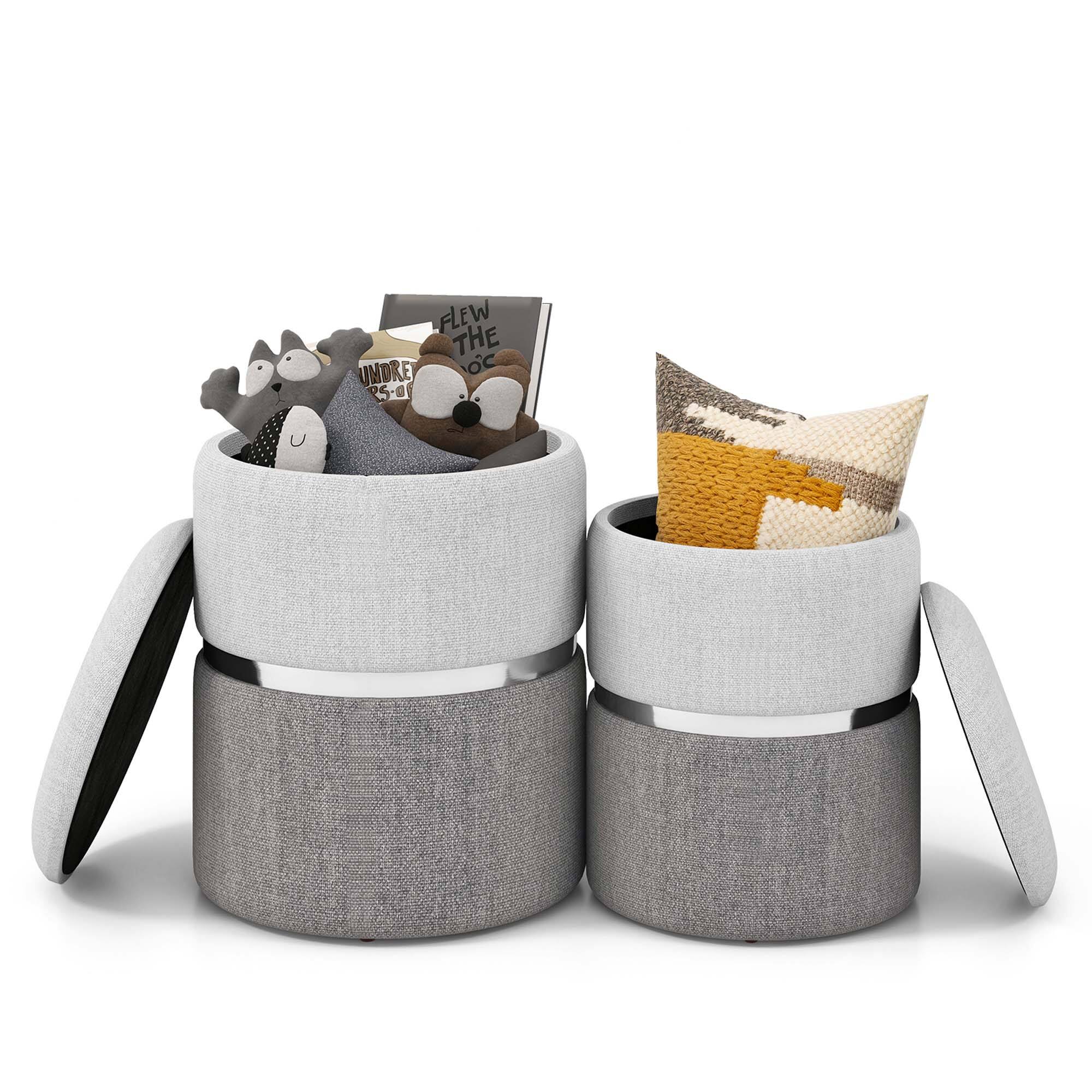 Costway - Linen Fabric Storage Ottoman Set of 2 Modern Round Ottoman with Storage for Bedroom - Beige + Grey price history on PriceWatchPro