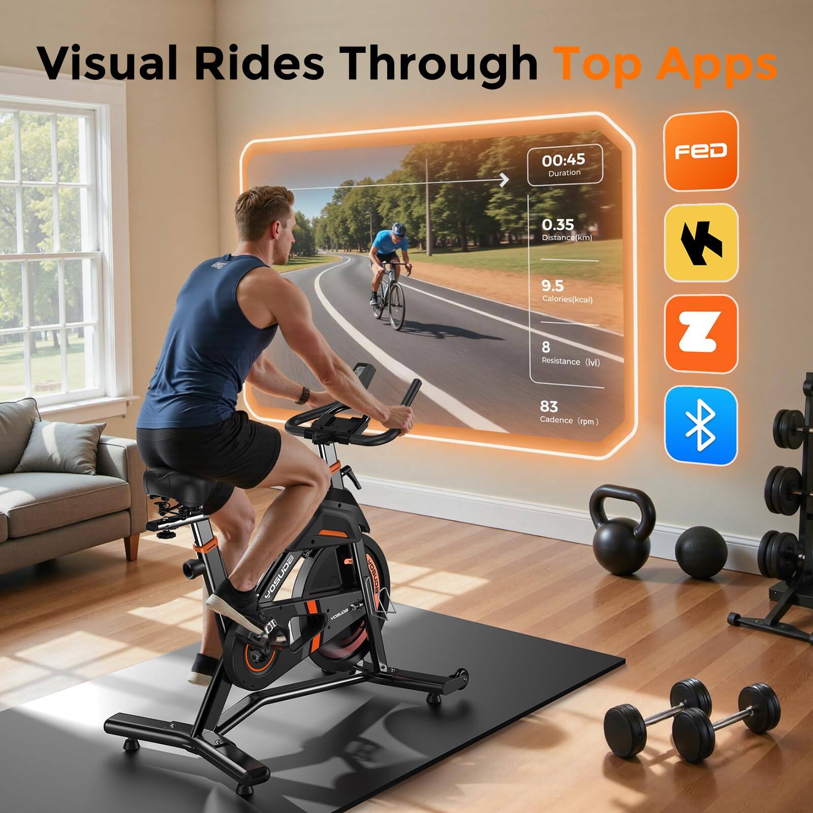 Visual Rides Through Top Apps  
00:45 Duration  
0.35 Distance (km)  
9.5 Calories (kcal)  
8 Resistance (m)  
83 Cadence (rpm)