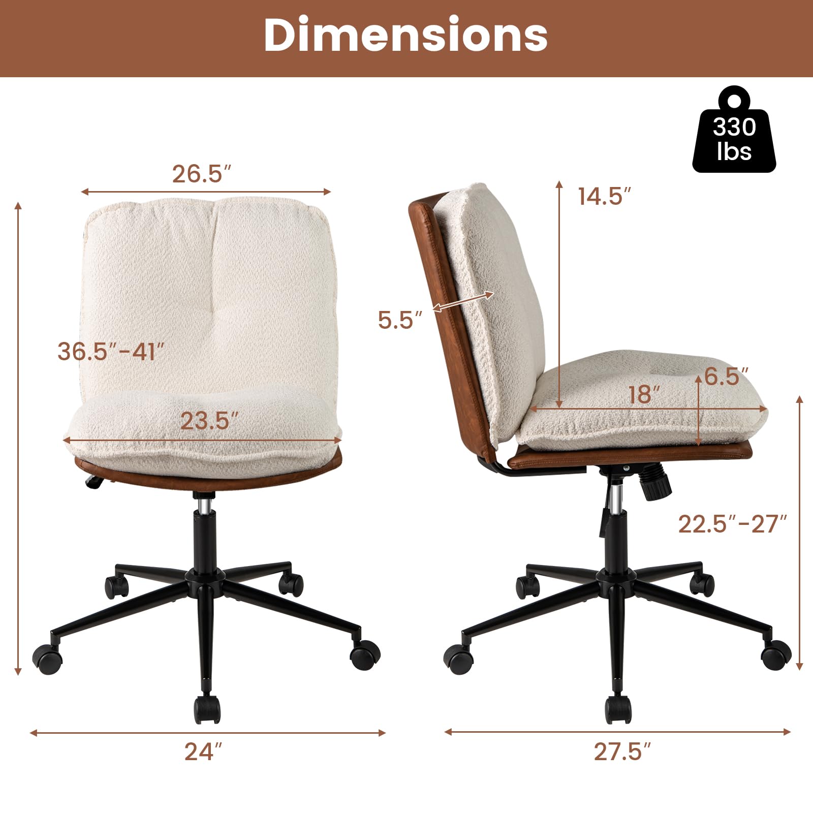 Dimensions: 26.5" x 14.5" x 330 lbs, 36.5"-41" x 23.5" x 5.5" x 18" x 6.5" x 22.5"-27" x 24" x 27.5"