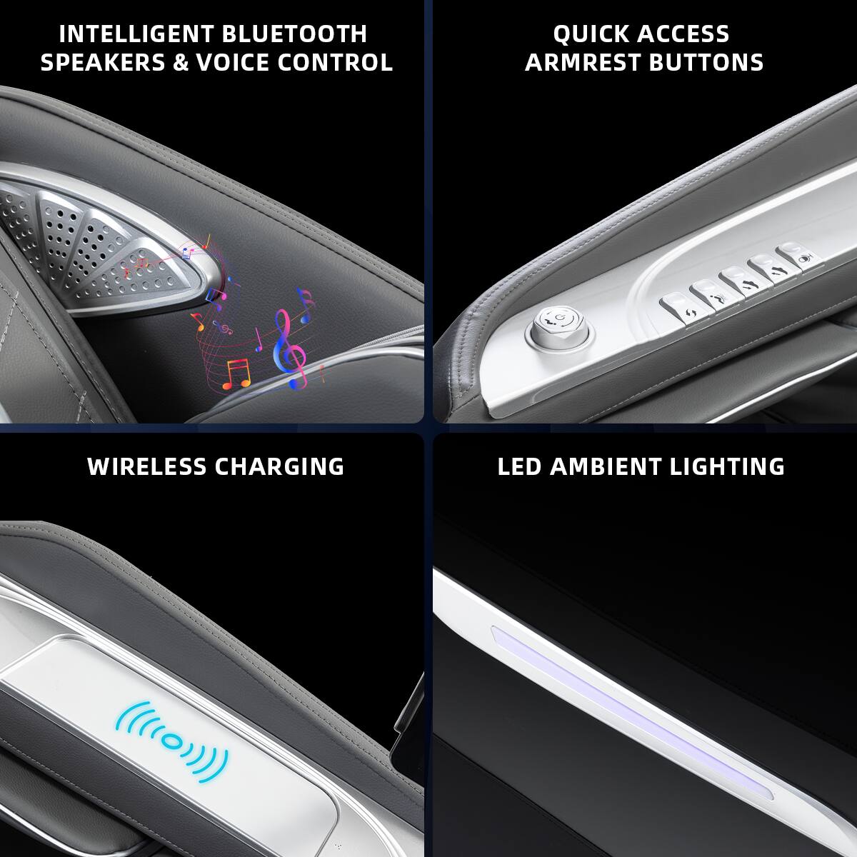 INTELLIGENT BLUETOOTH SPEAKERS & VOICE CONTROL

QUICK ACCESS ARMREST BUTTONS

WIRELESS CHARGING

LED AMBIENT LIGHTING