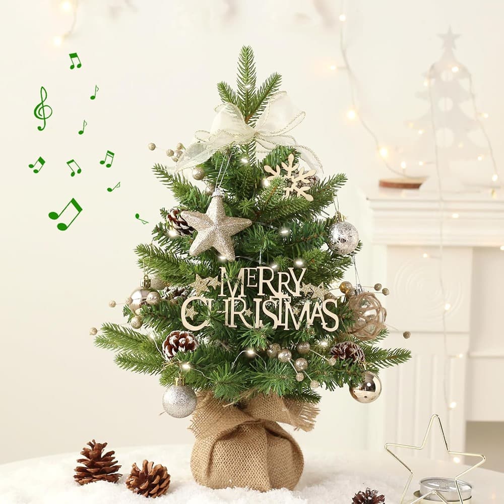 RTMB - Prelit Mini Christmas Tree, Tabletop Xmas Tree with Music and Ornaments for Indoor or Outdoor Use - Green