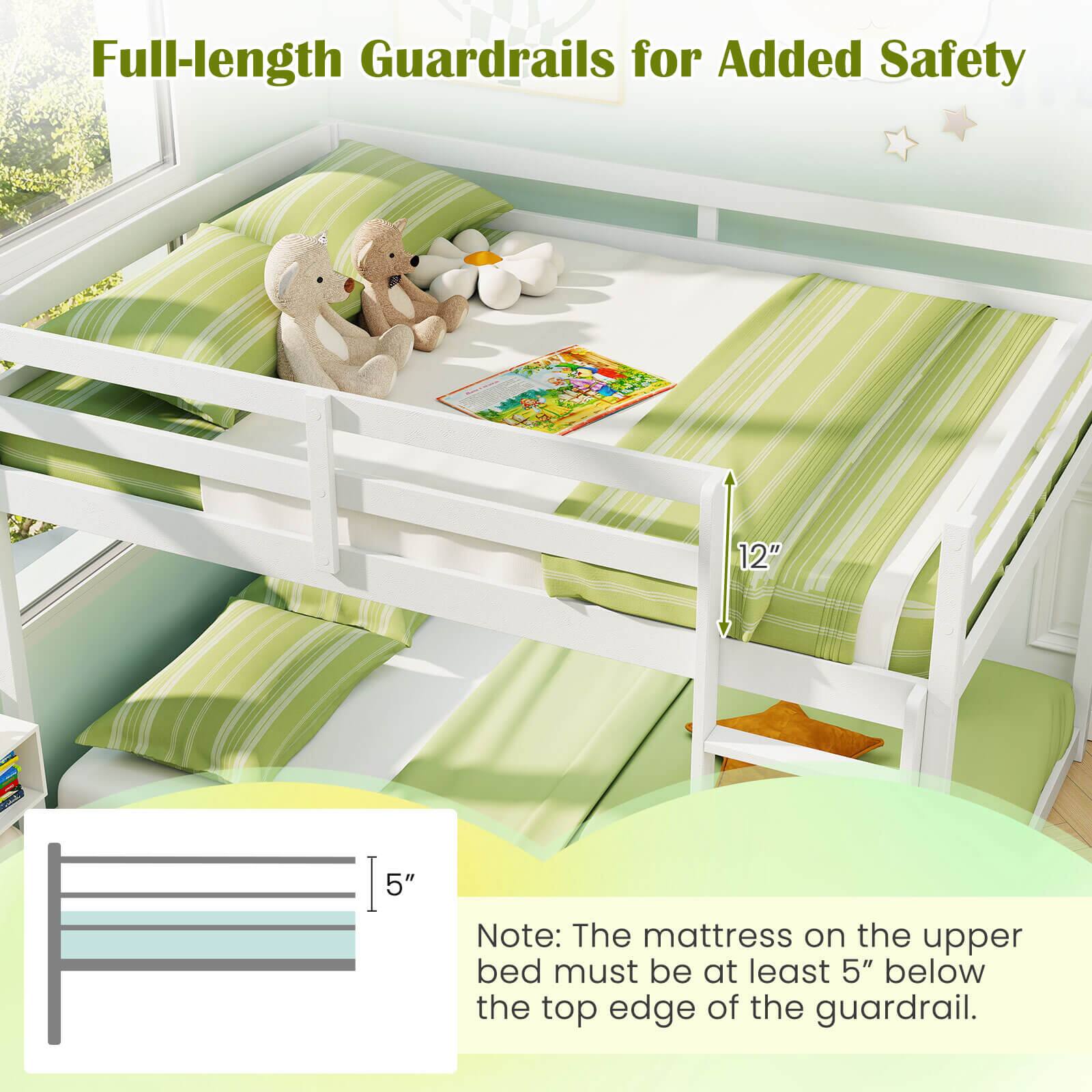Full-length Guardrails for Added Safety

Note: The mattress on the upper bed must be at least 5" below the top edge of the guardrail.

12"  
5"