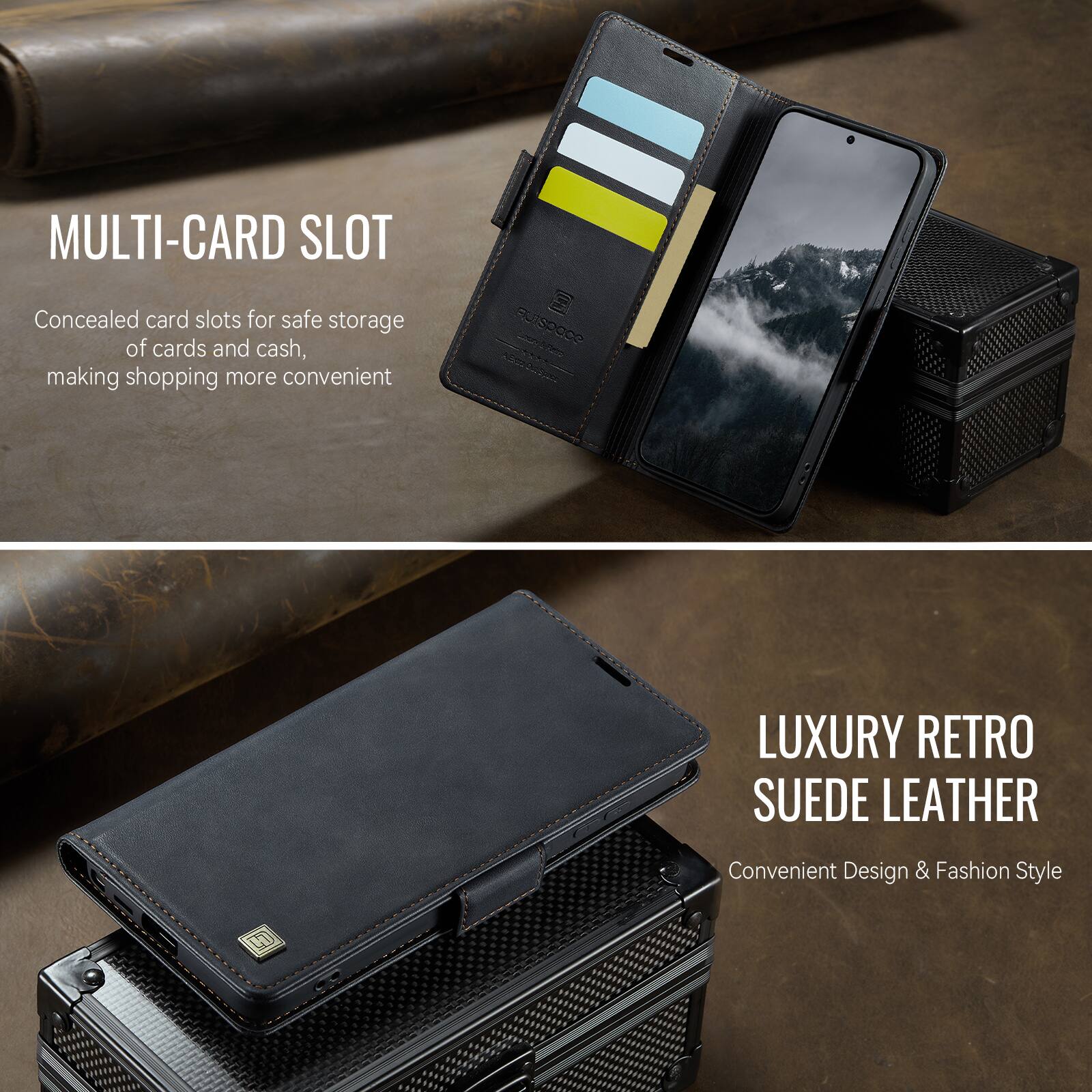 MULTI-CARD SLOT  
Concealed card slots for safe storage of cards and cash, making shopping more convenient  

LUXURY RETRO SUEDE LEATHER  
Convenient Design & Fashion Style