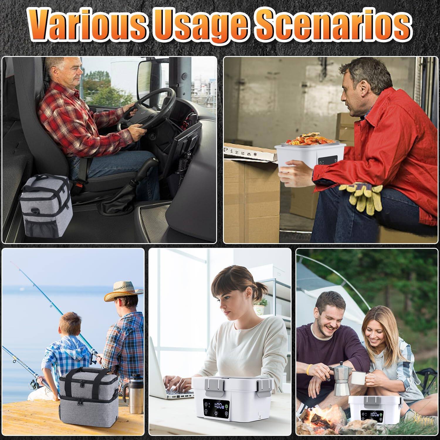 Various Usage Scenarios

1. A man driving a truck with a cooler in the passenger seat.
2. A man in a red jacket holding a pizza box and a cooler.
3. A man and a child fishing with a cooler on the ground.
4. A woman working on a laptop with a cooler on the table.
5. A couple sitting by a campfire with a cooler.