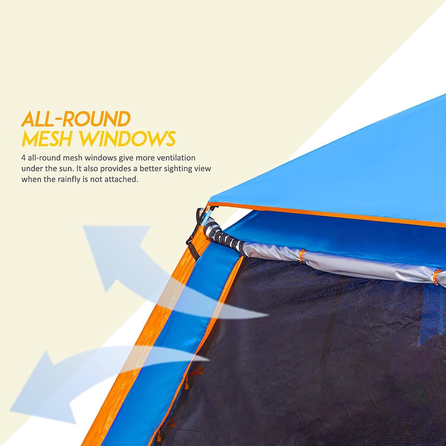 ALL-ROUND MESH WINDOWS

4 all-round mesh windows give more ventilation under the sun. It also provides a better sighting view when the rainfly is not attached.