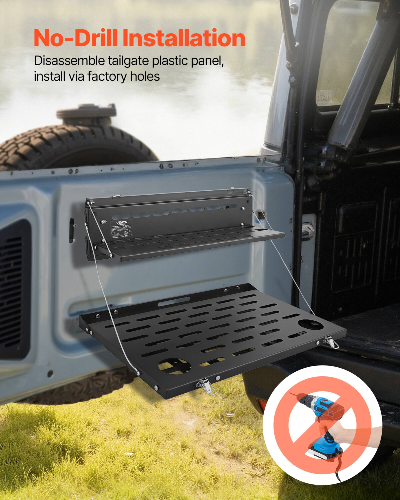 No-Drill Installation  
Disassemble tailgate plastic panel, install via factory holes