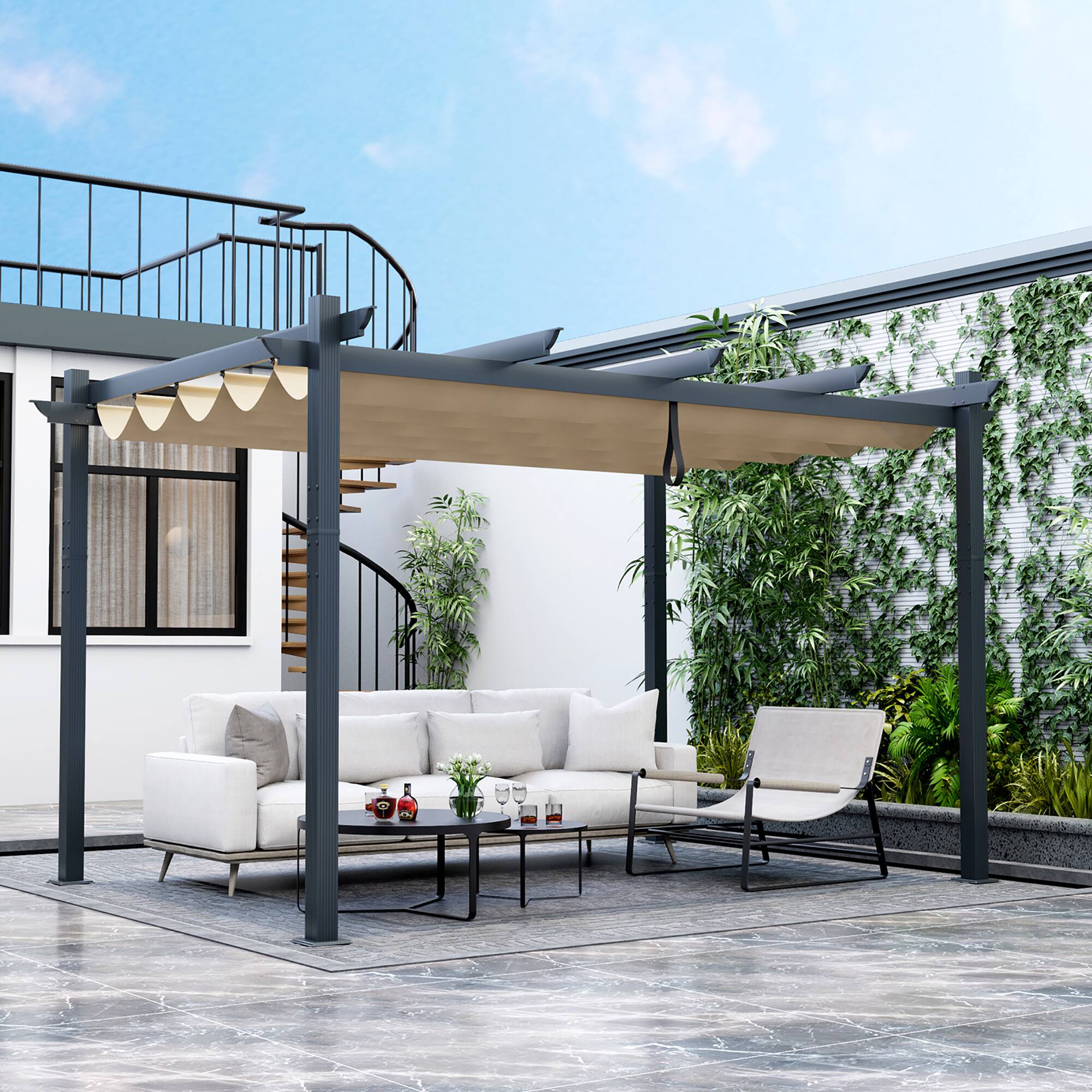 Alt View 3. Gymax - Gymax 10 x 13ft Outdoor Aluminum Retractable Pergola Canopy Shelter Grape Trellis Beige - Beige.