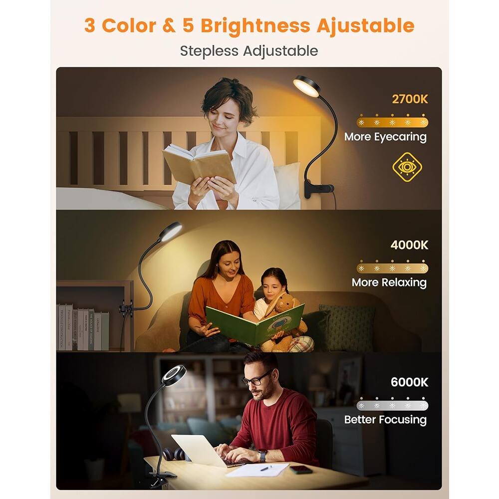 3 Color & 5 Brightness Adjustable  
Stepless Adjustable  

2700K  
More Eye-Caring  

4000K  
More Relaxing  

6000K  
Better Focusing