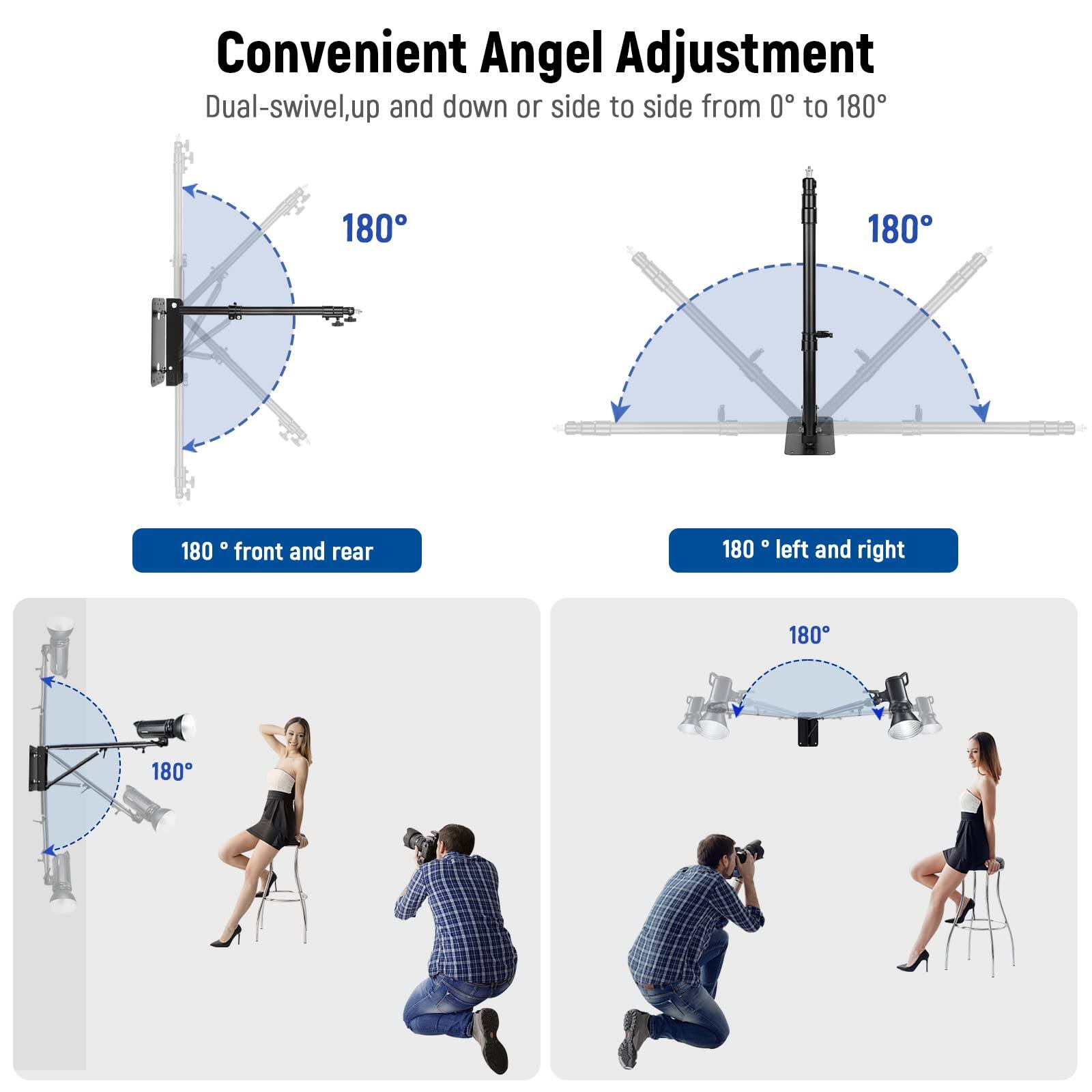 Convenient Angel Adjustment  
Dual-swivel, up and down or side to side from 0° to 180°  
180° front and rear  
180° left and right