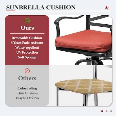 SUNBRELLA CUSHION

Ours
- Removable Cushion
- 5 Years Fade-resistant
- Water-repellent
- UV Protection
- Soft Sponge

Others
- Color-fading
- Thin Cushion
- Easy to Deform