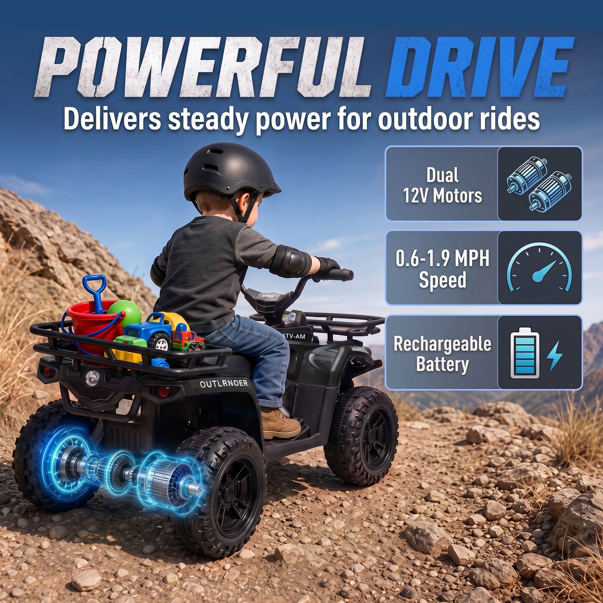 POWERFUL DRIVE  
Delivers steady power for outdoor rides

- Dual 12V Motors
- 0.6-1.9 MPH Speed
- Rechargeable Battery