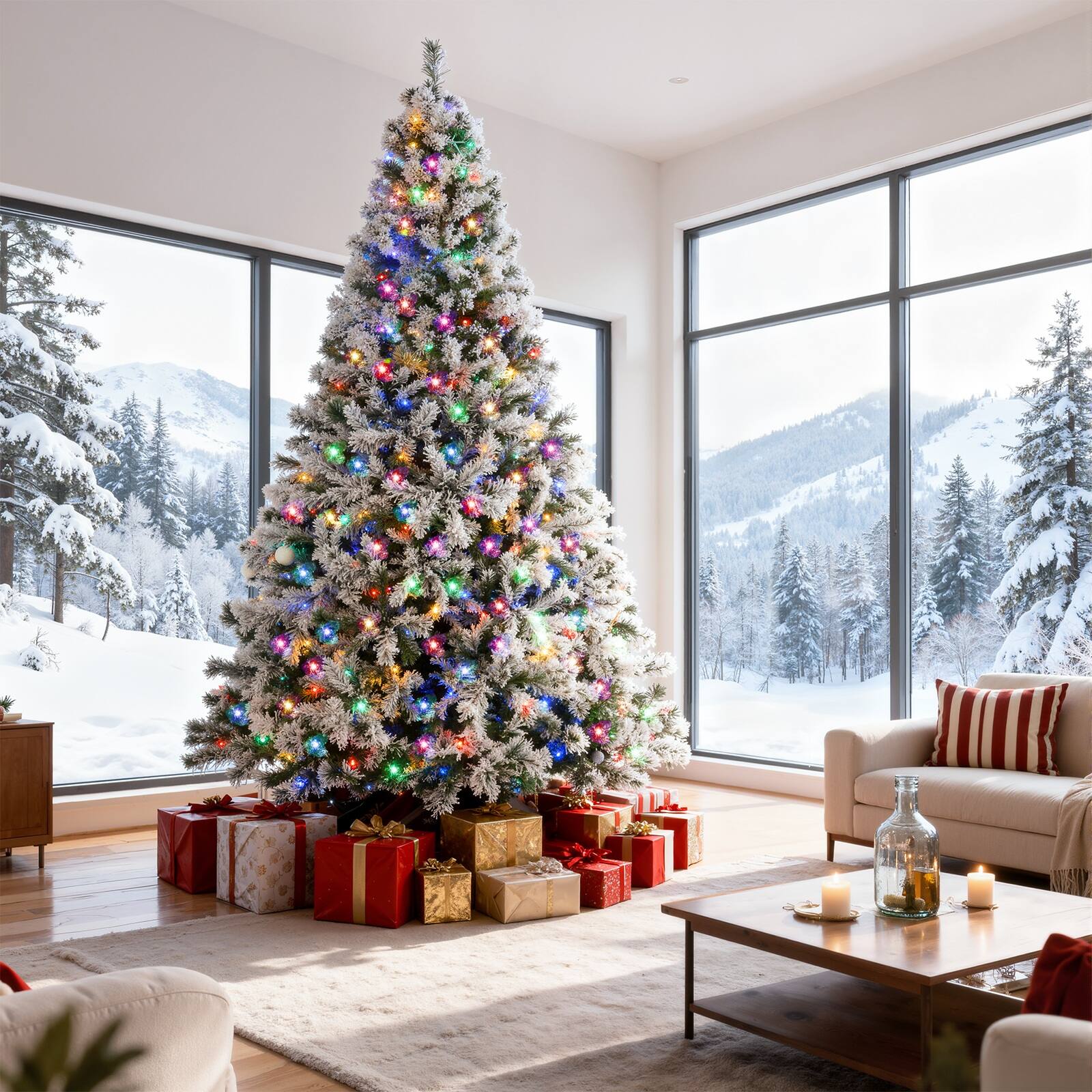 Left. SKONYON - 7.5ft Snow-Flocked Pre-Lit Artificial Christmas Tree with 350 LED Lights and 1108 Branch Tips - White.