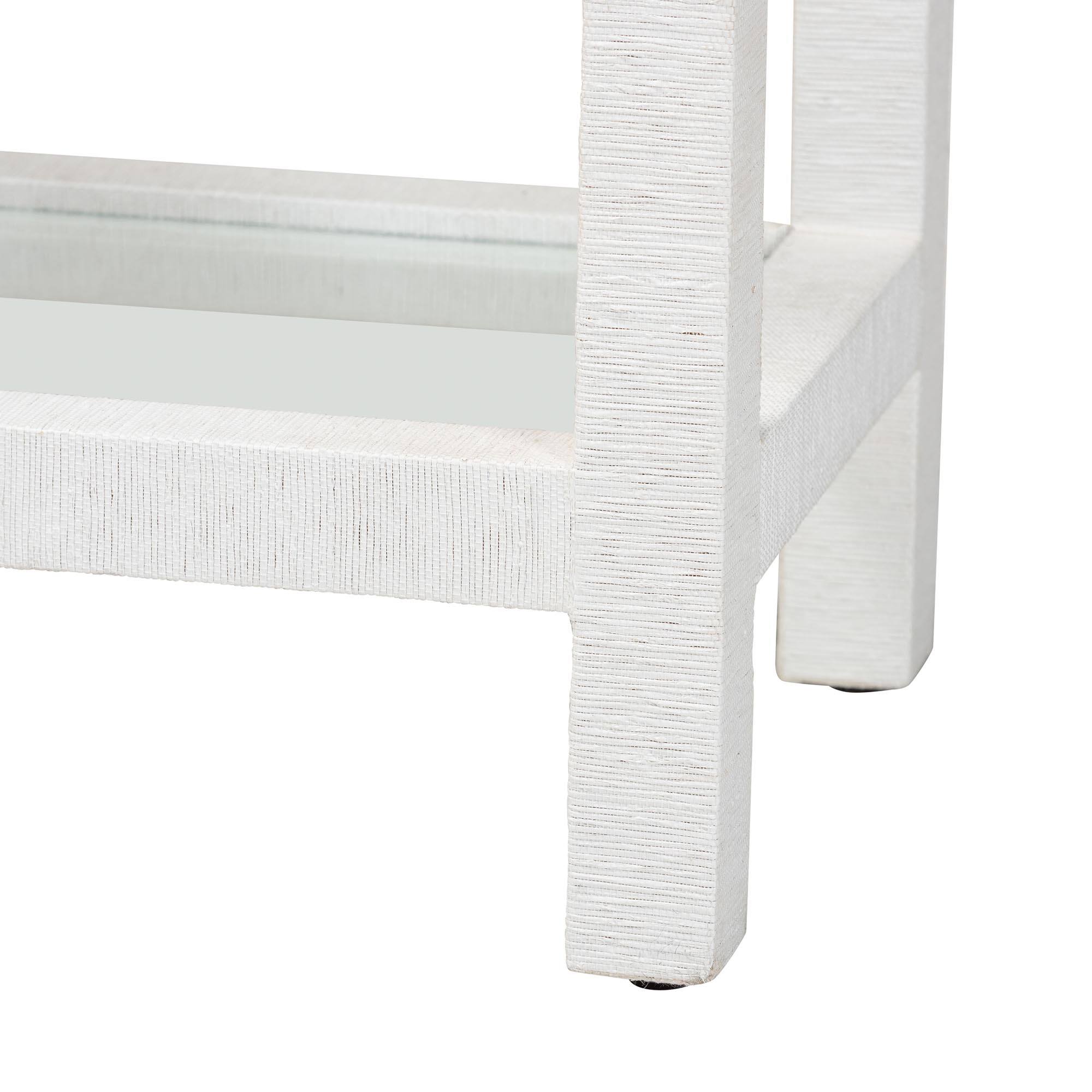 Alt View 2. bali & pari - Oaklynn Natural Grasscloth Wine Rack - Two-Tier Bar Table with Glass Shelves and Stemware Rack, Modern Coastal Console - White.