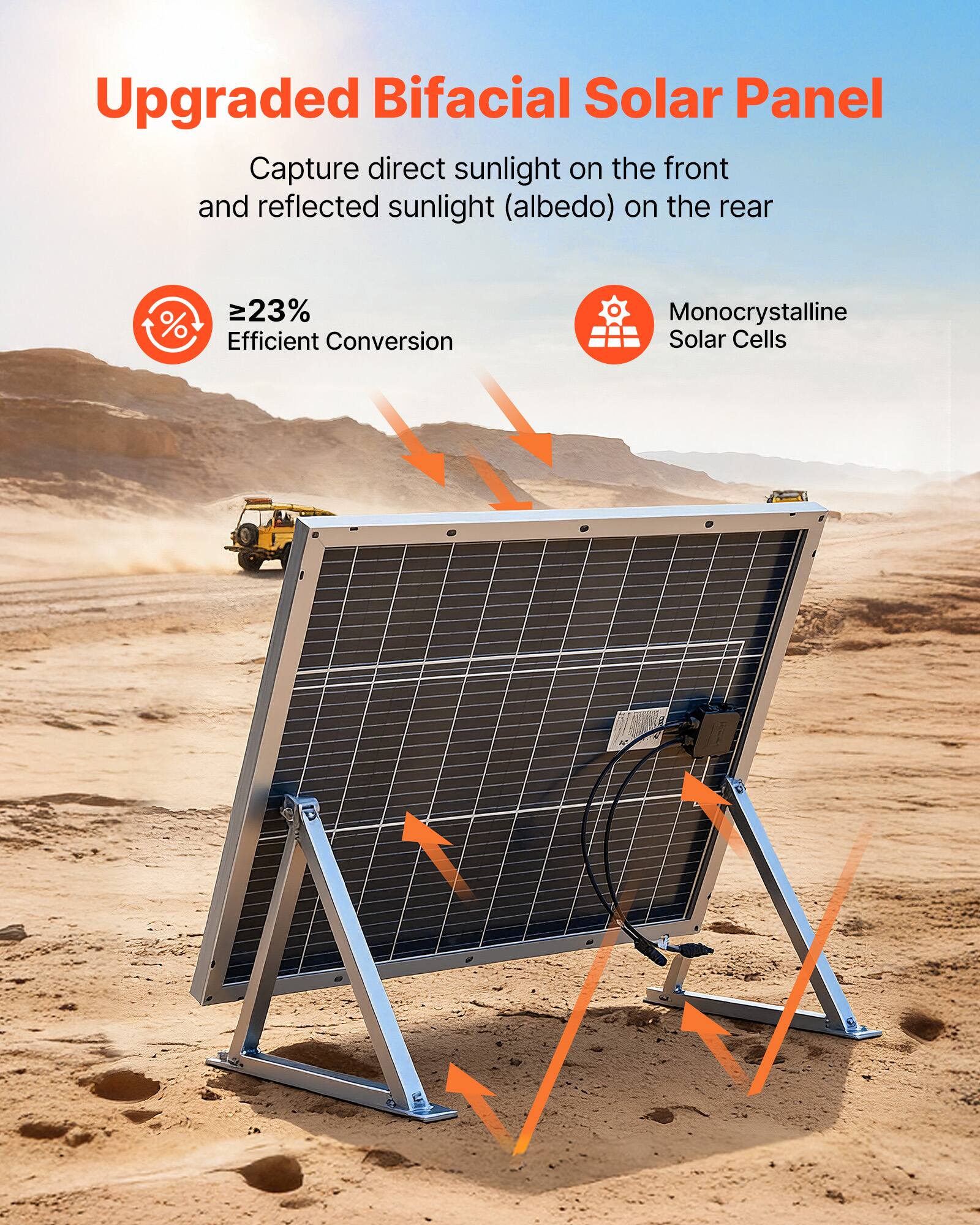 Upgraded Bifacial Solar Panel

Capture direct sunlight on the front and reflected sunlight (albedo) on the rear

≥23% Efficient Conversion

Monocrystalline Solar Cells