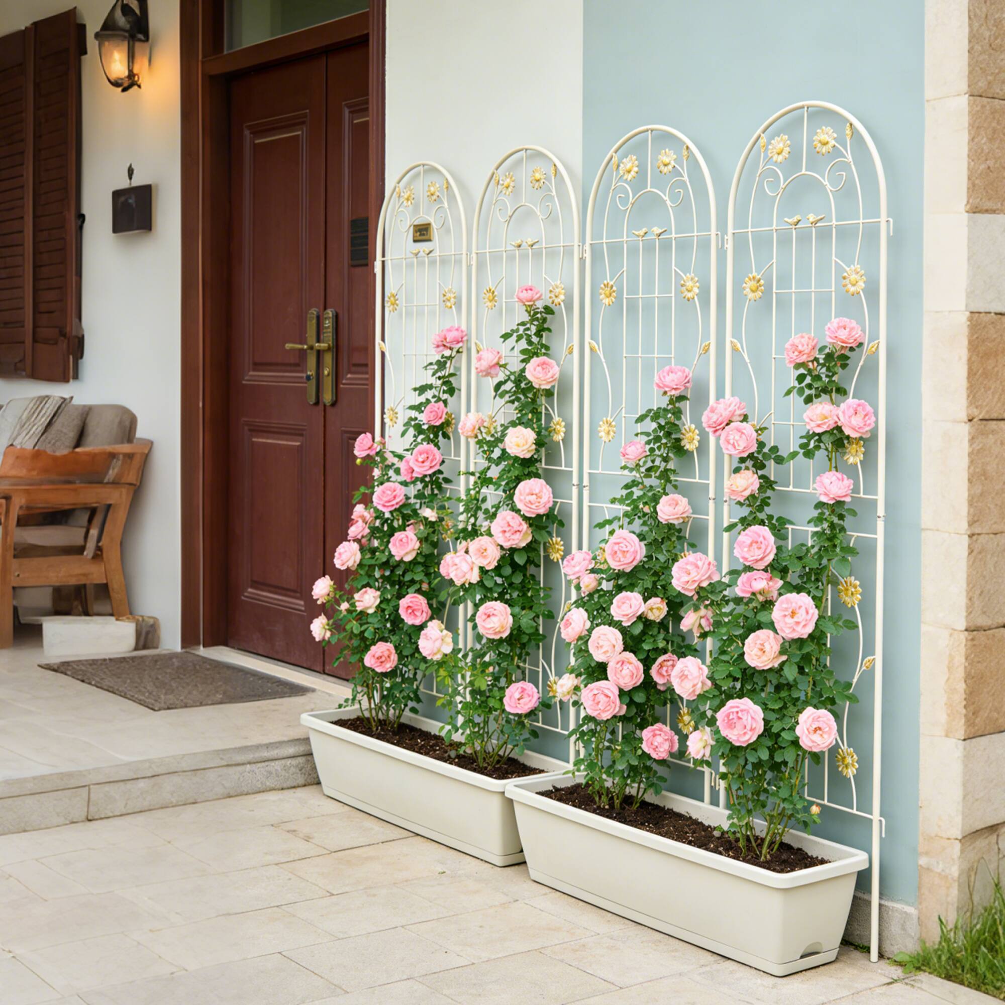 Left. Loheer - 2 Pack Metal Garden Trellis for Climbing Plants Outdoor Flower Support - Cream White.