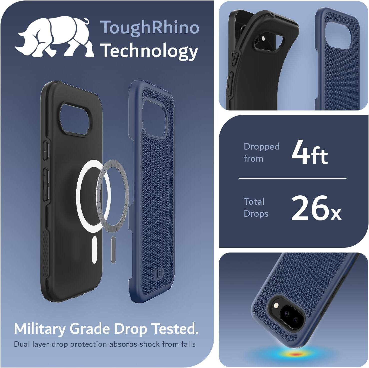 ToughRhino Technology

Dropped from 4ft  
Total Drops 26x

Military Grade Drop Tested.  
Dual layer drop protection absorbs shock from falls