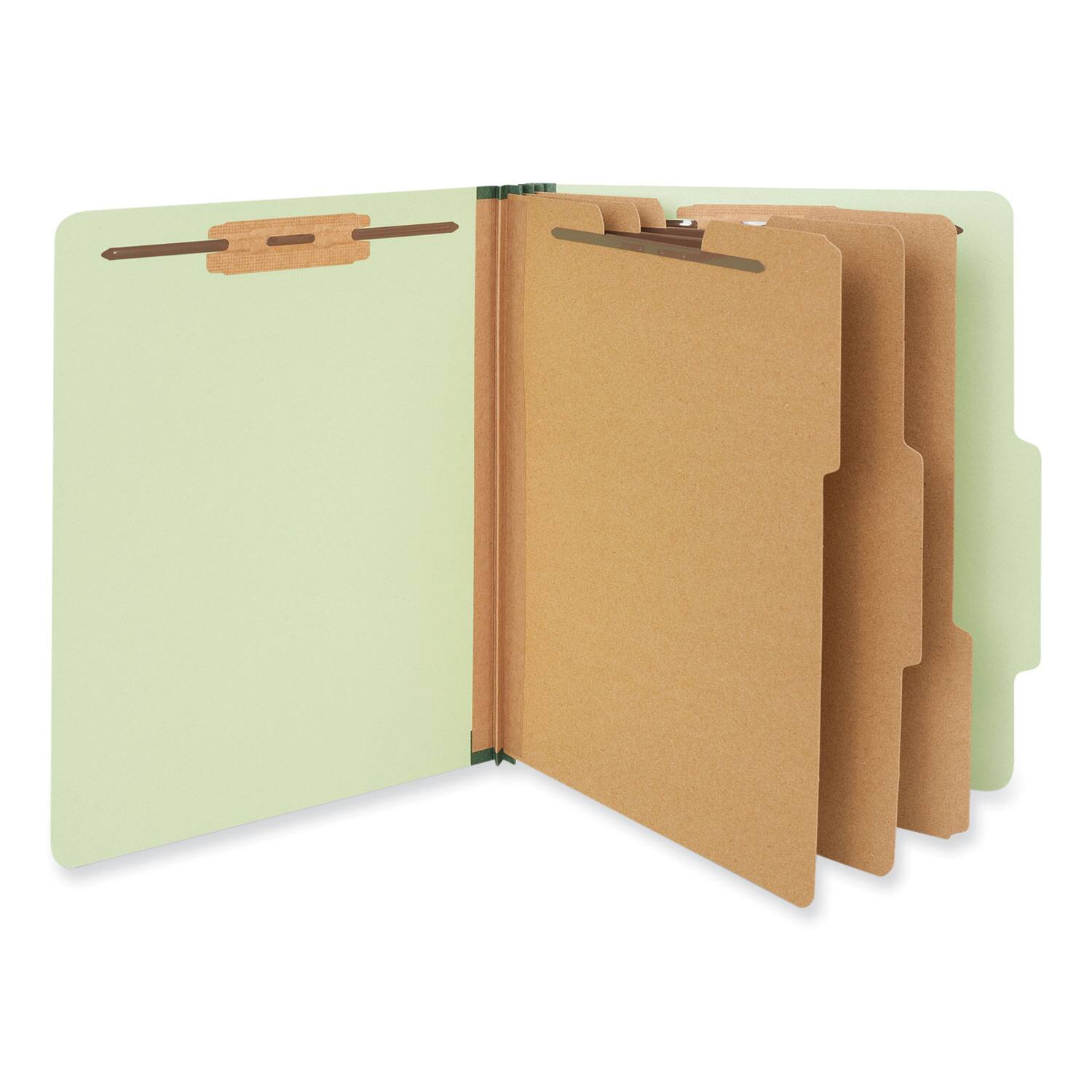Angle. Universal - Eight-Section Pressboard  Folders, 3" Expansion, 3 Dividers, 8 Fasteners, Letter Size, Green Exterior, 10/Box.