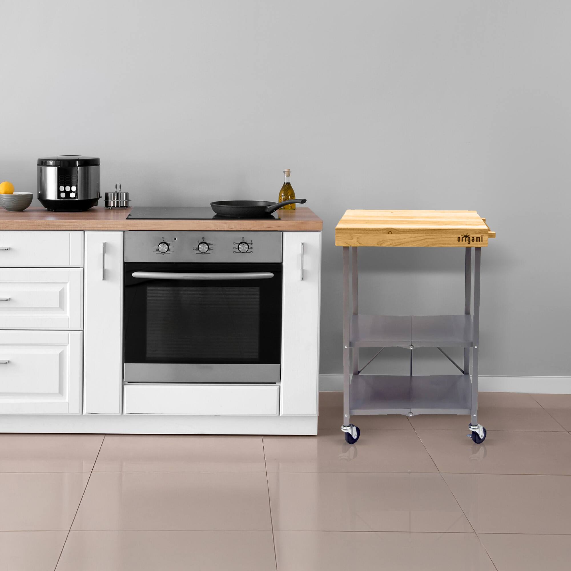 Alt View 2. Origami - Origami Foldable Kitchen Island Cart, Wheeled Rolling Storage Cart with Shelves - Silver.
