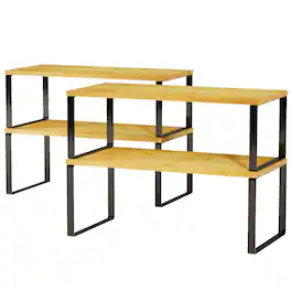 Tooloton - 2 Pack Stackable Cabinet Shelf Organizers, Expandable Counter Rack & Spice Rack in Black and Natural (Long Version) - Black