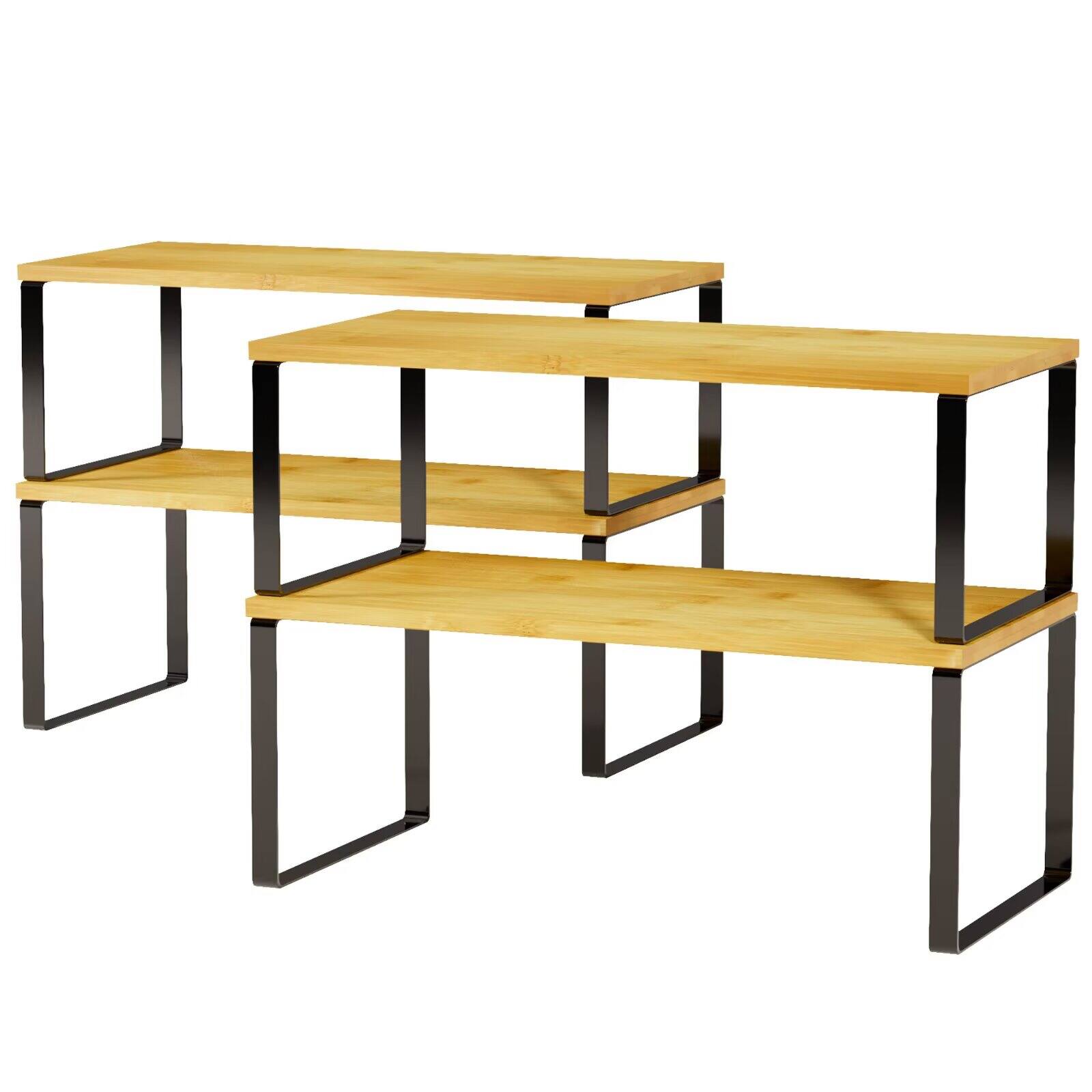 Front. Tooloton - 2 Pack Stackable Cabinet Shelf Organizers, Expandable Counter Rack & Spice Rack in Black and Natural (Long Version) - Black.