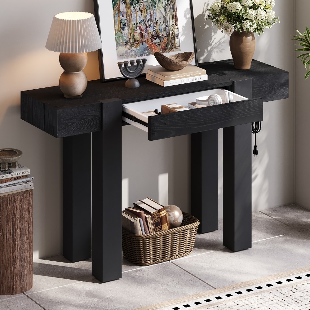 Loheer - Rustic Console Table with Power Outlet, Solid Wood Entryway Table with Hidden Drawer - Black price history on PriceWatchPro