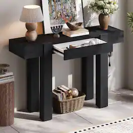 Loheer - Rustic Console Table with Power Outlet, Solid Wood Entryway Table with Hidden Drawer - Black