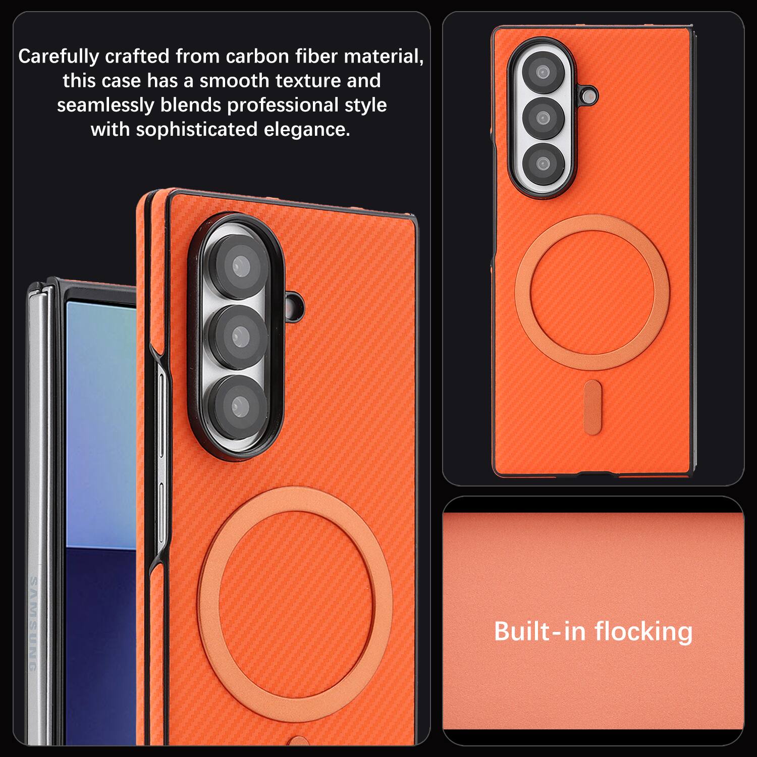 Carefully crafted from carbon fiber material, this case has a smooth texture and seamlessly blends professional style with sophisticated elegance. SAMSUNG Built-in flocking