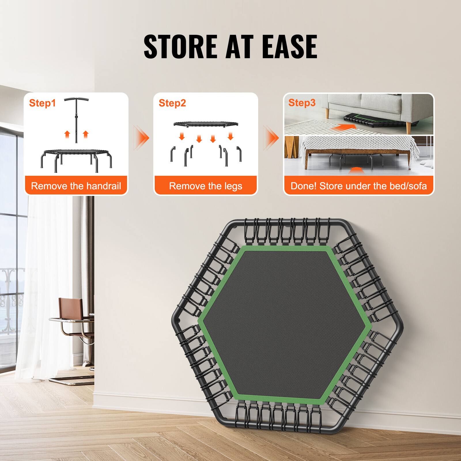 STORE AT EASE

Step1  
Remove the handrail

Step2  
Remove the legs

Step3  
Done! Store under the bed/sofa