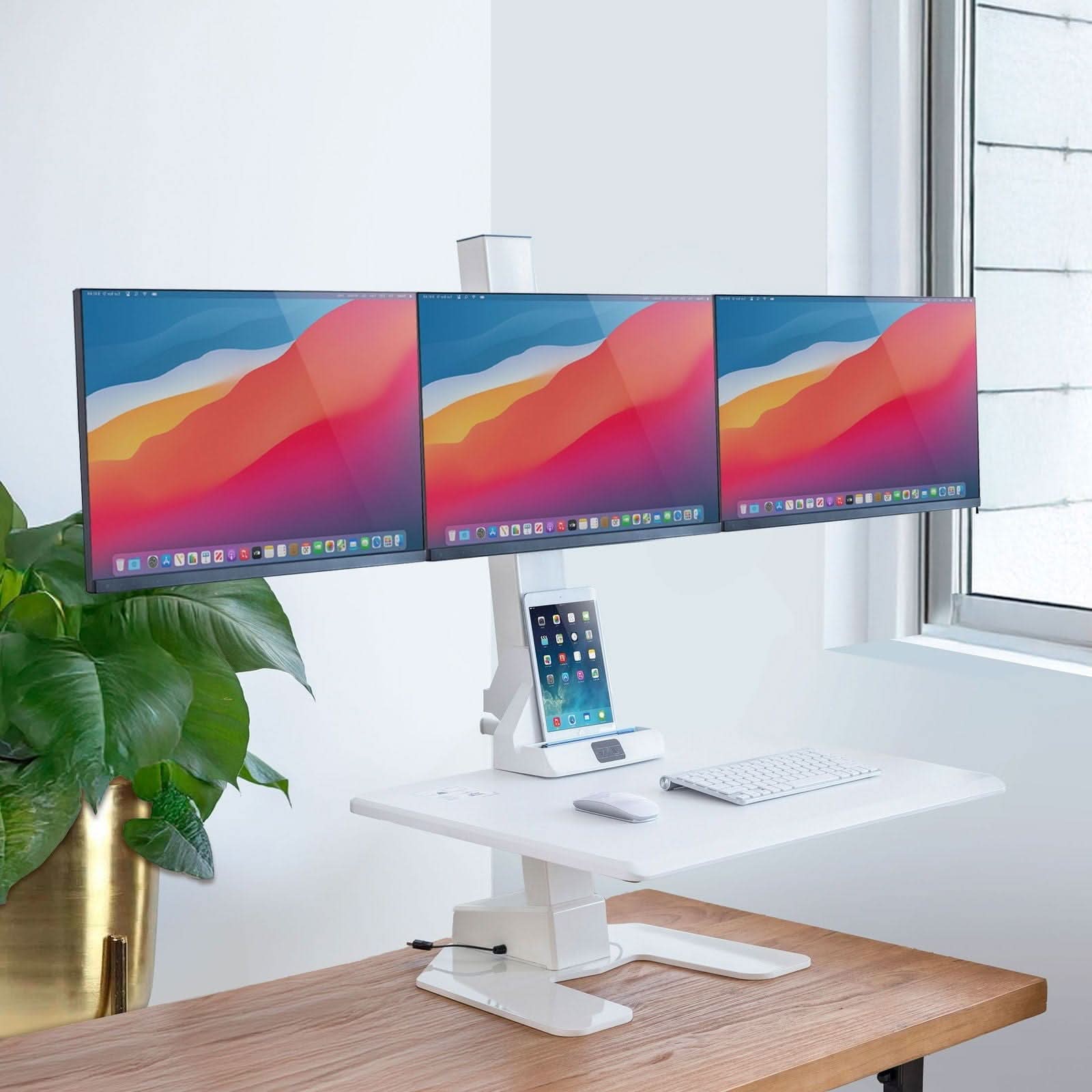 Angle. Mount-It! - Electric Standing Desk Converter with Triple Monitor Mount for Sit-Stand Workstation and Height Adjustment, White - White.