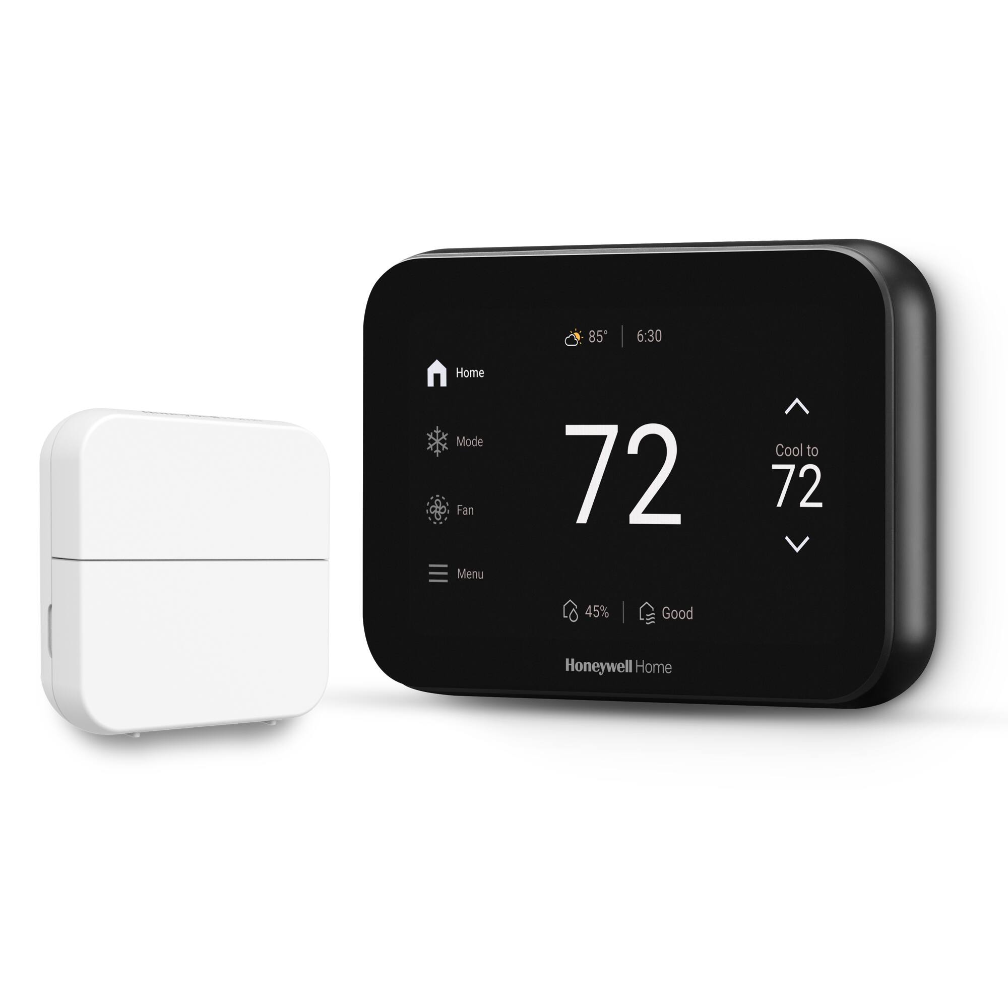 85° 6:30  
Home Mode  
Fan  
Menu  
72  
Cool to 72  
45%  
Good  
Honeywell Home
