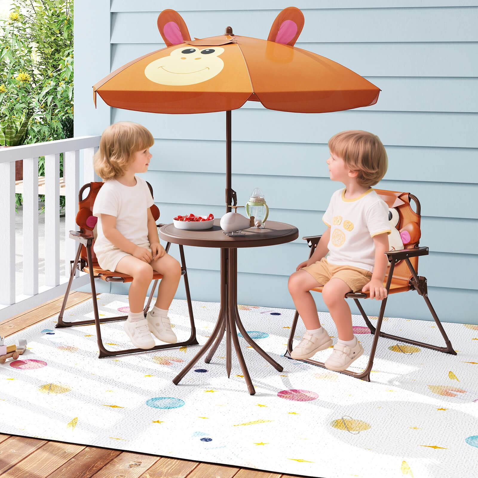 Alt View 1. Costway - Costway Kids Picnic Table & Chair Set with 2 Folding Chairs & Height Adjustable Umbrella - Brown.