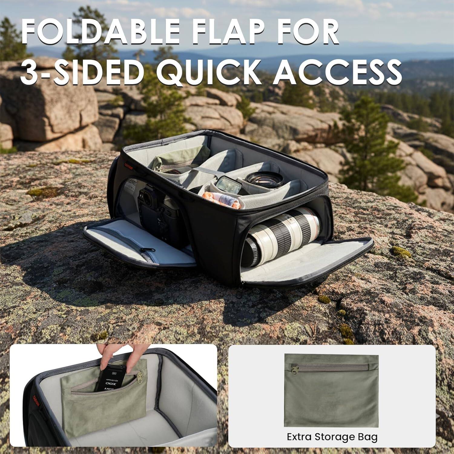 FOLDABLE FLAP FOR 3-SIDED QUICK ACCESS

Extra Storage Bag