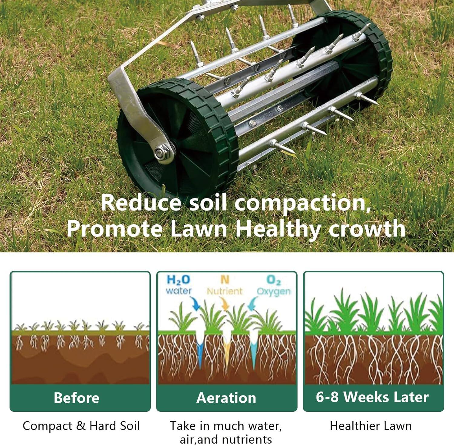Reduce soil compaction, promote lawn healthy growth. 

Before aeration:
- Compact & hard soil takes in much water, air, and nutrients.

6-8 weeks later:
- Healthier lawn.