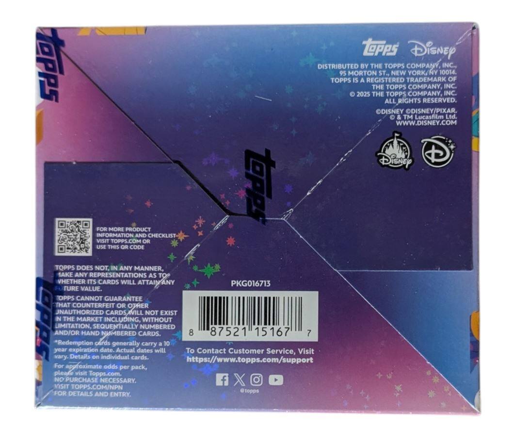 Distributed by The Topps Company, Inc., 95 Morton St., New York, NY 10014.  
Topps is a registered trademark of The Topps Company, Inc.  
© 2025 The Topps Company, Inc.  
All rights reserved.  
© Disney/© Disney/Pixar & ™ Lucasfilm Ltd.  
www.disney.com  

For more product information and checklist, visit Topps.com or use this QR code.  

Topps does not, in any manner, make any representations as to whether its cards will attain any future value. Topps cannot guarantee that counterfeit or other unauthorized cards will not exist in the market, including, without limitation, sequentially numbered and/or hand numbered cards.  

Redemption cards generally carry a 10-year expiration date. Actual dates will vary. Details on individual cards.  

To contact customer service, visit https://www.topps.com/support  

For approximate odds per pack, please visit Topps.com.  

No purchase necessary. For details and entry, visit Topps.com/NPN.  

PKG016713  
8 87521 15167 7  

To Contact Customer Service, Visit https://www