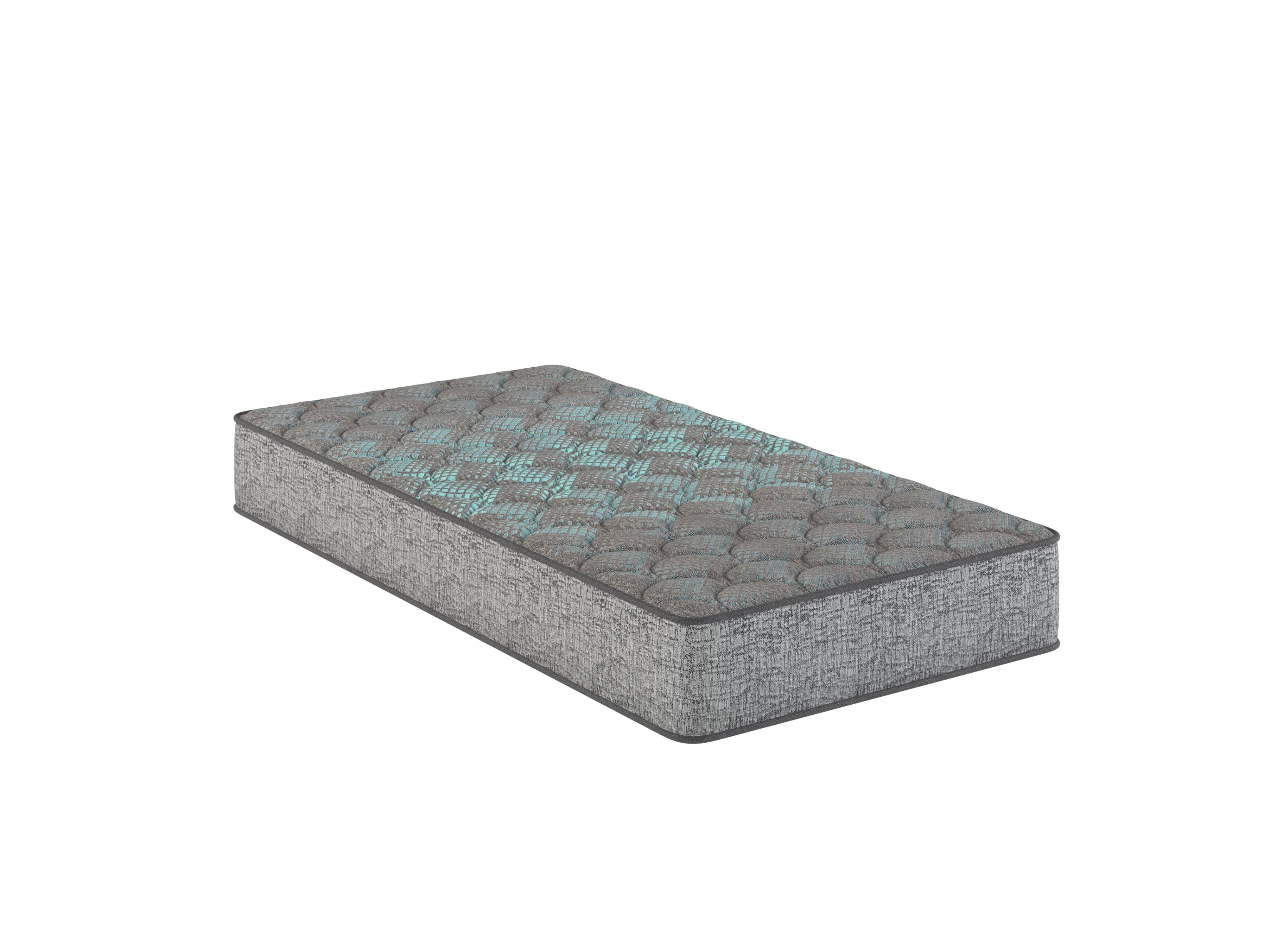 Angle. TinyHomie - Restonic Comfort Care 7in Foam Core Mattress Medium Comfort Full - Grey and Blue.