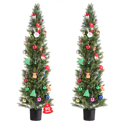 Front. VEVOR - Artificial Topiary Cedar Trees, 60 inch 2 Set Faux Pine Shrubs Plants, Fake Silk Tree Look Real, Easy Assembly - Green.