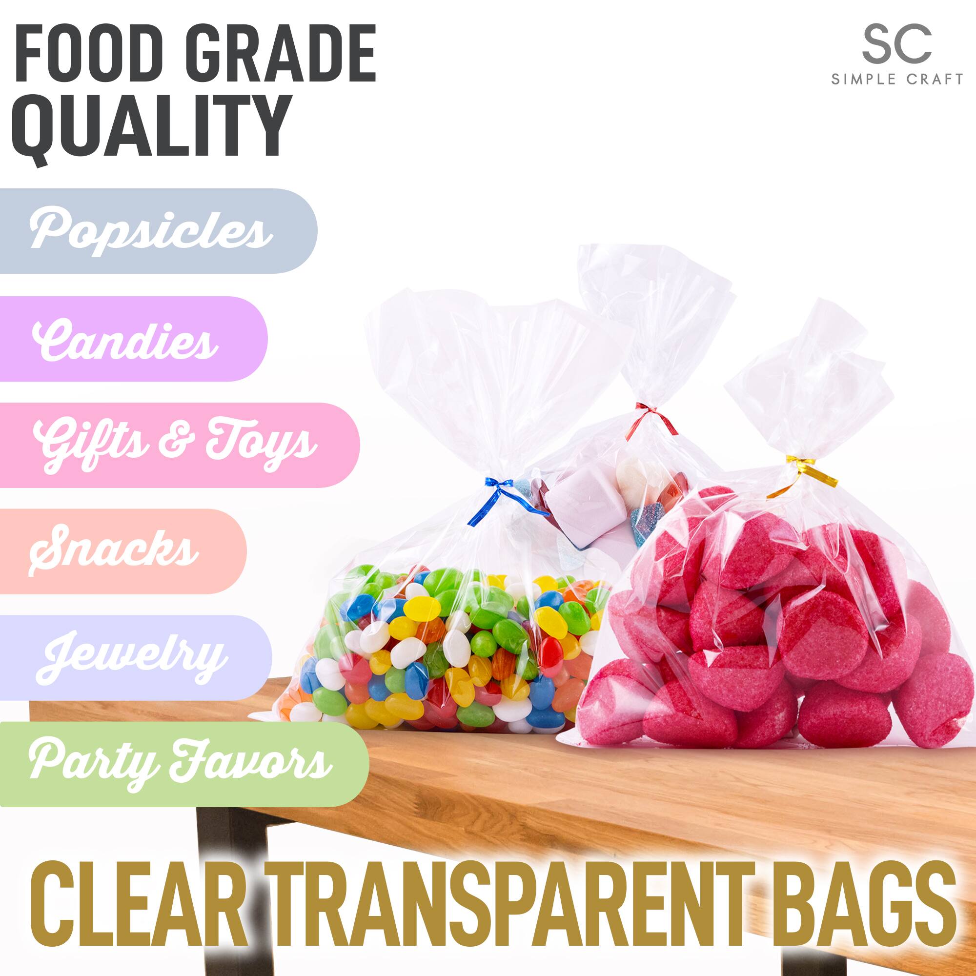 FOOD GRADE QUALITY  
Popsicles  
Candies  
Gifts & Toys  
Snacks  
Jewelry  
Party Favors  

CLEAR TRANSPARENT BAGS  

SC  
SIMPLE CRAFT