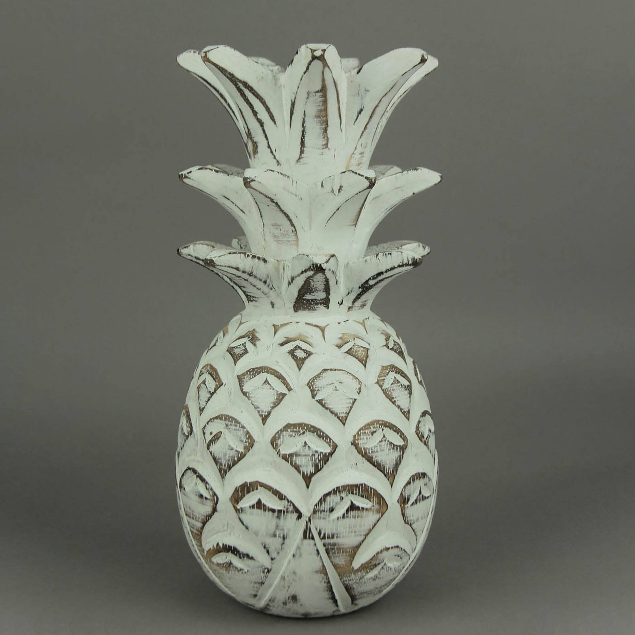 Alt View 1. Chesapeake Bay - Distressed White Carved Wood Tropical Pineapple Decor Statue - White.