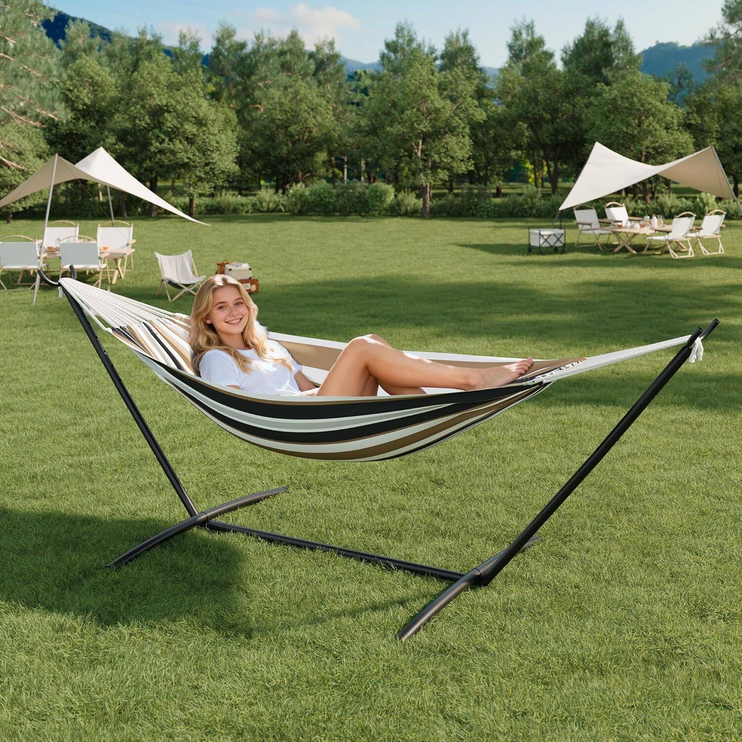 Back. Homhougo - Double Hammock w/Steel Stand, 450 LB Capacity, Portable Indoor/Outdoor.