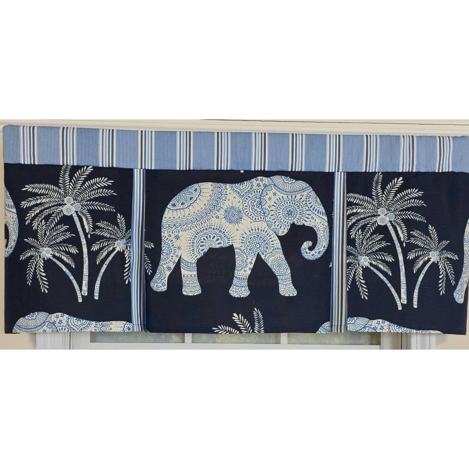 Left. RLF Home - RLF Home 100% Cotton White Elephant Pleated  Unlined Windows Rod Pocket Valance 50" x 17"  Blue - Blue.