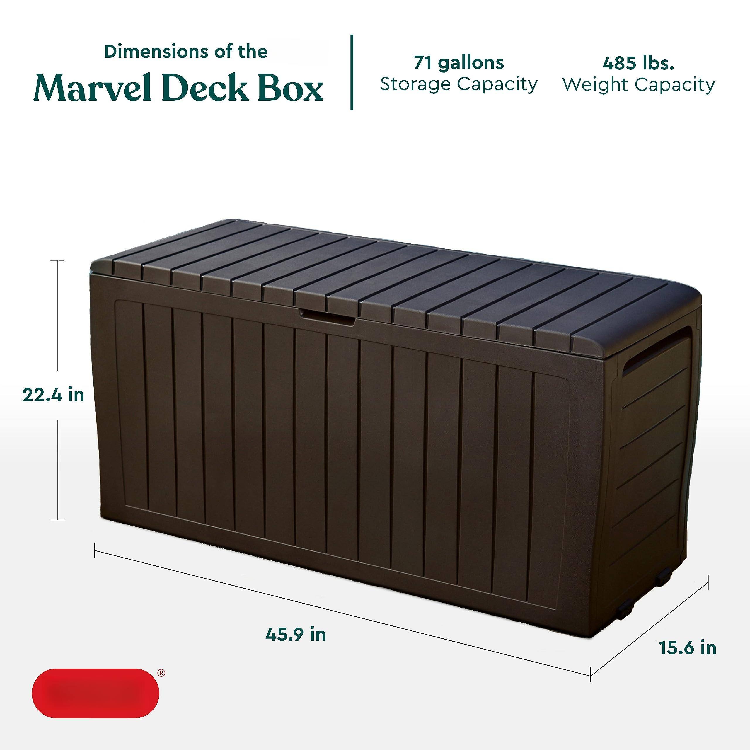 Dimensions of the Marvel Deck Box

- 71 gallons Storage Capacity
- 485 lbs. Weight Capacity

Dimensions:
- 22.4 in (height)
- 45.9 in (length)
- 15.6 in (width)