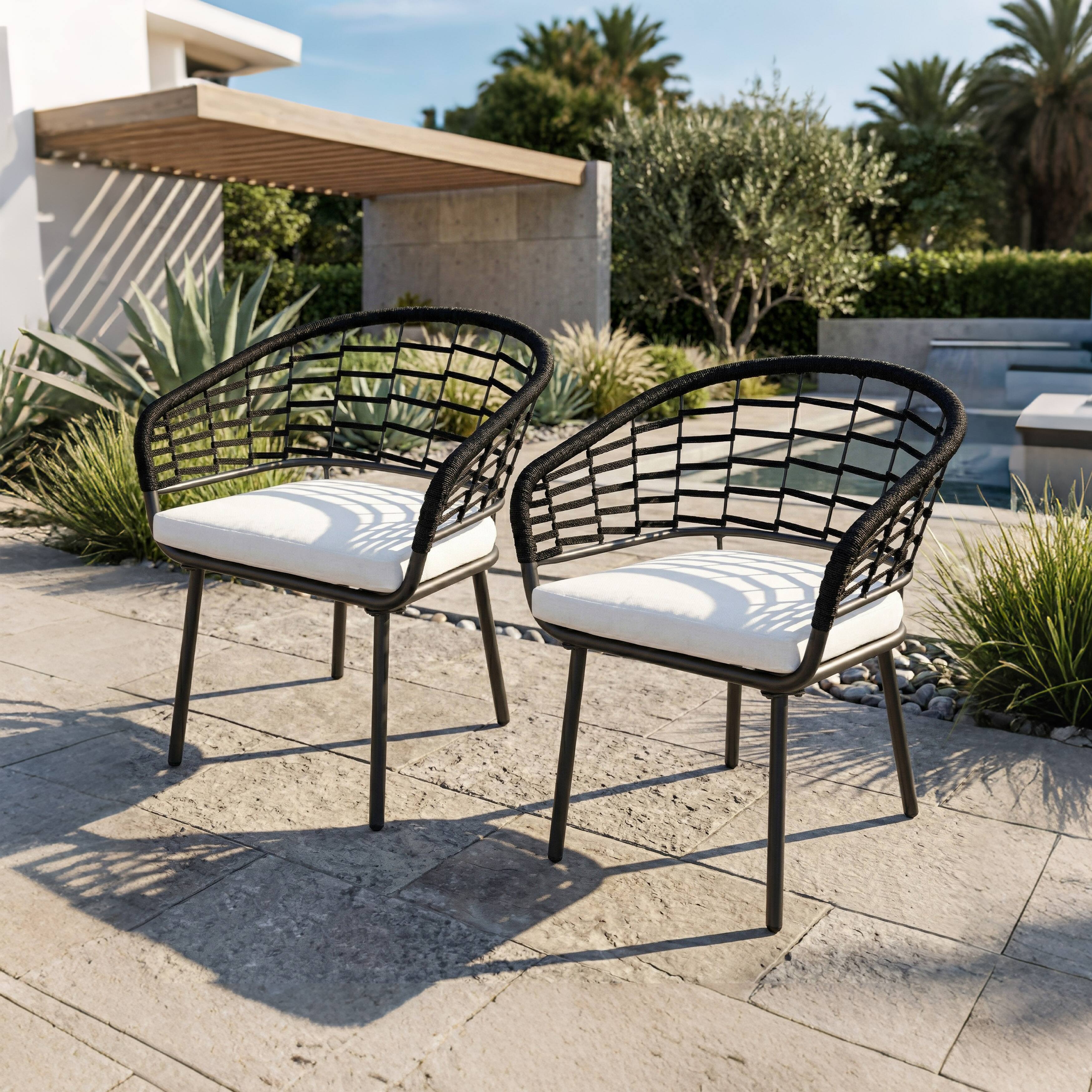 Angle. Nuu Garden - Outdoor Patio Woven Rope Metal Chairs with 2.4" Thick Cushions - Black and Beige.