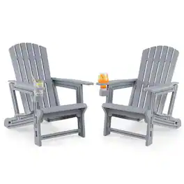 Costway - HDPE Adirondack Chair Set of 2 with Cup Holder, Wood-Like Texture, High Backrest - Gray