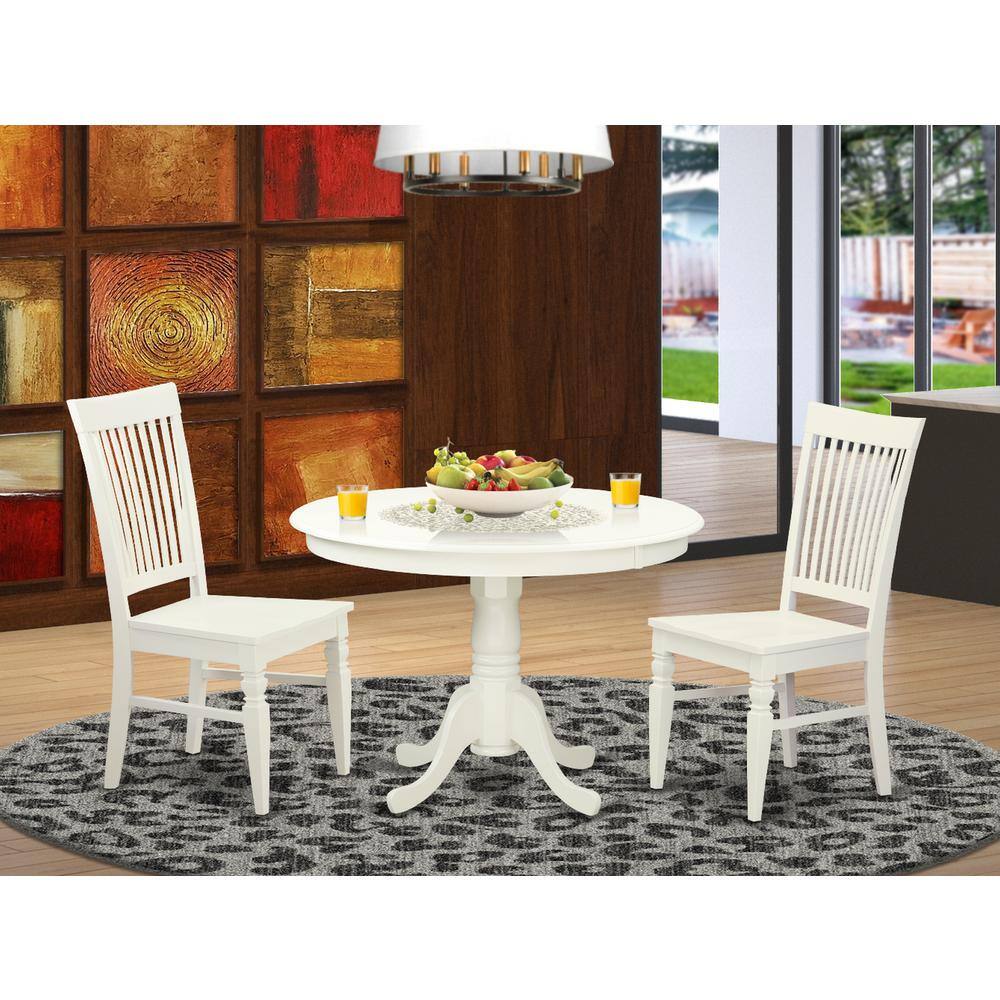 Back. East West Furniture - 3 Pc set with a Round Dinette Table and 2 Leather Kitchen Chairs in Linen White - Linen White.