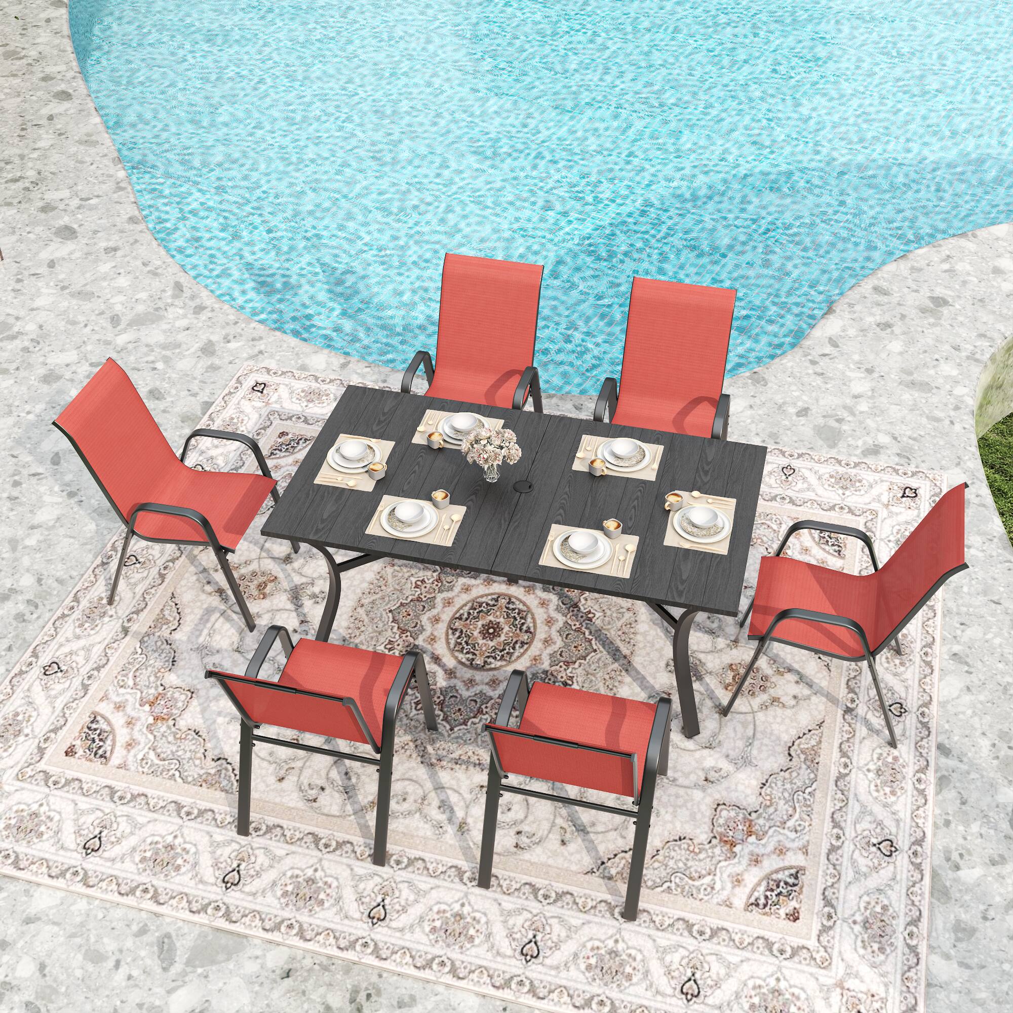 Left. Mondawe - 6-Piece Outdoor Dining Chairs Set, Teslin Fabric and Metal Frame - Black+Red.