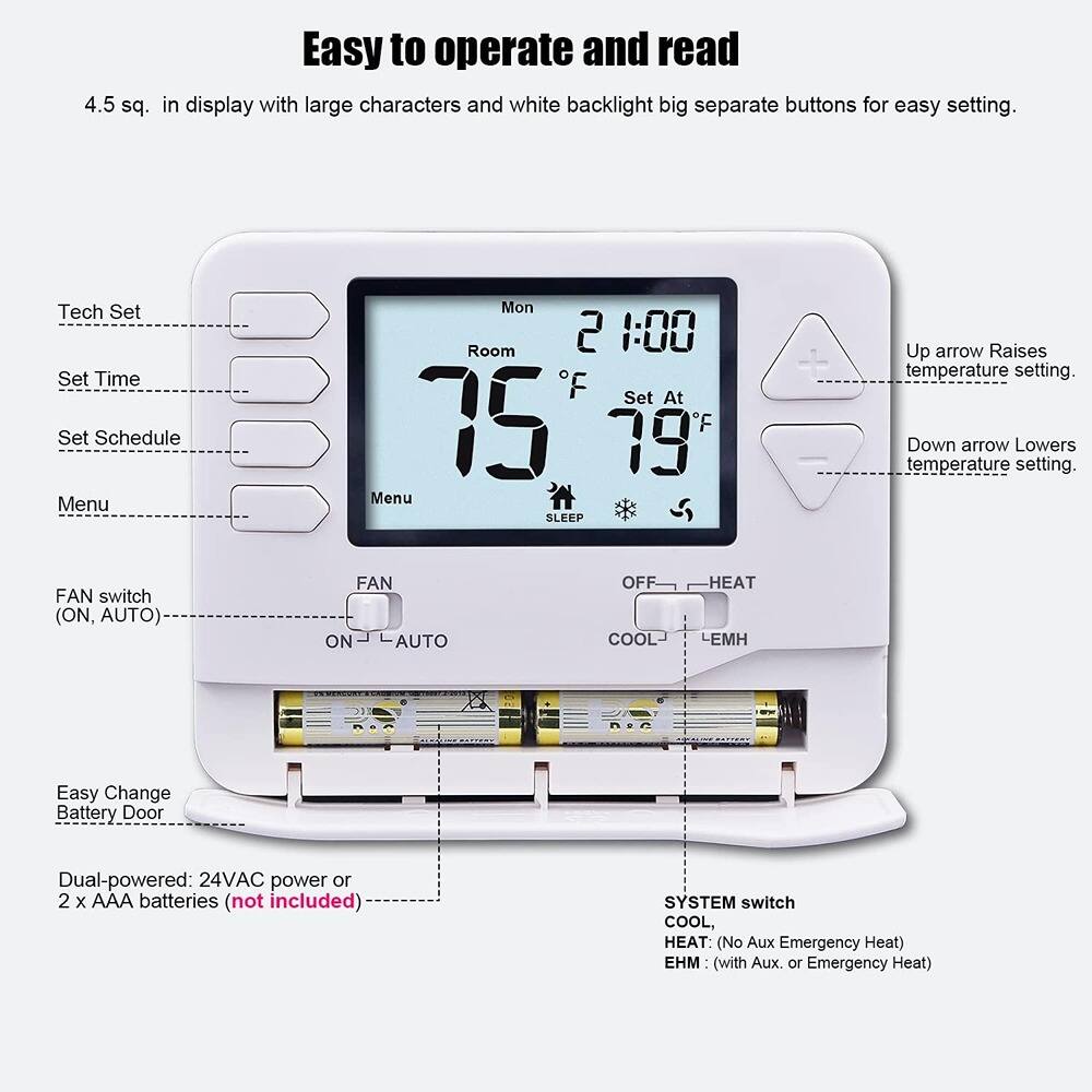 Easy to operate and read

4.5 sq. in display with large characters and white backlight big separate buttons for easy setting.

- Tech Set
- Set Time
- Set Schedule
- Menu

Up arrow Raises temperature setting.

Down arrow Lowers temperature setting.

FAN switch (ON, AUTO)

SYSTEM switch
COOL, HEAT: (No Aux Emergency Heat)
EHM (with Aux. or Emergency Heat)

Easy Change Battery Door

Dual-powered: 24VAC power or 2 x AAA batteries (not included)