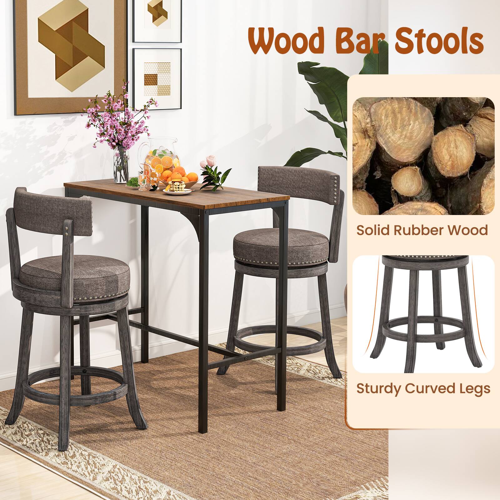 Wood Bar Stools

- Solid Rubber Wood
- Sturdy Curved Legs