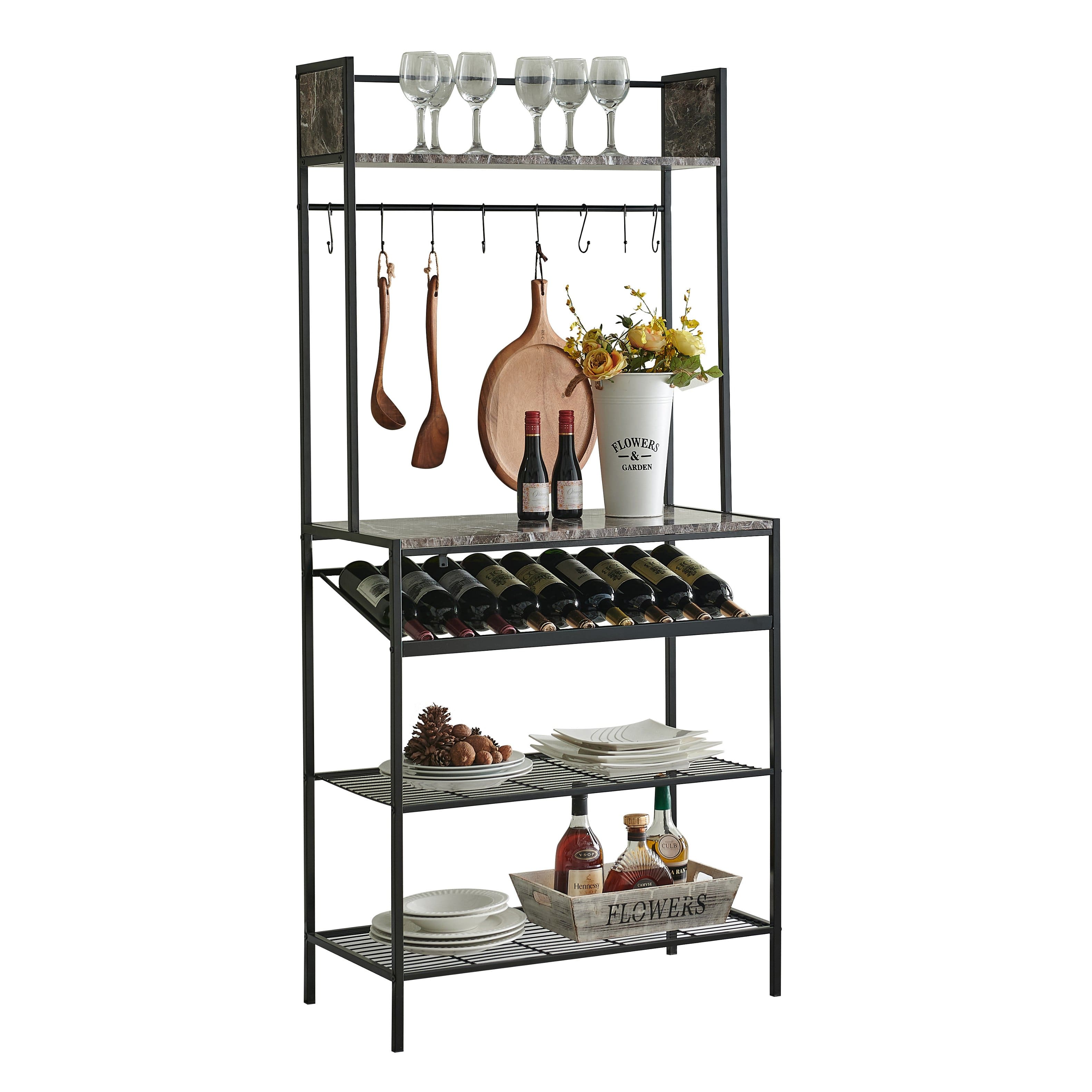 Kings Brand Furniture - Wine Bakers Rack, Freestanding Floor Storage Shelves Microwave Stand, Kitchen Organizers - Black
