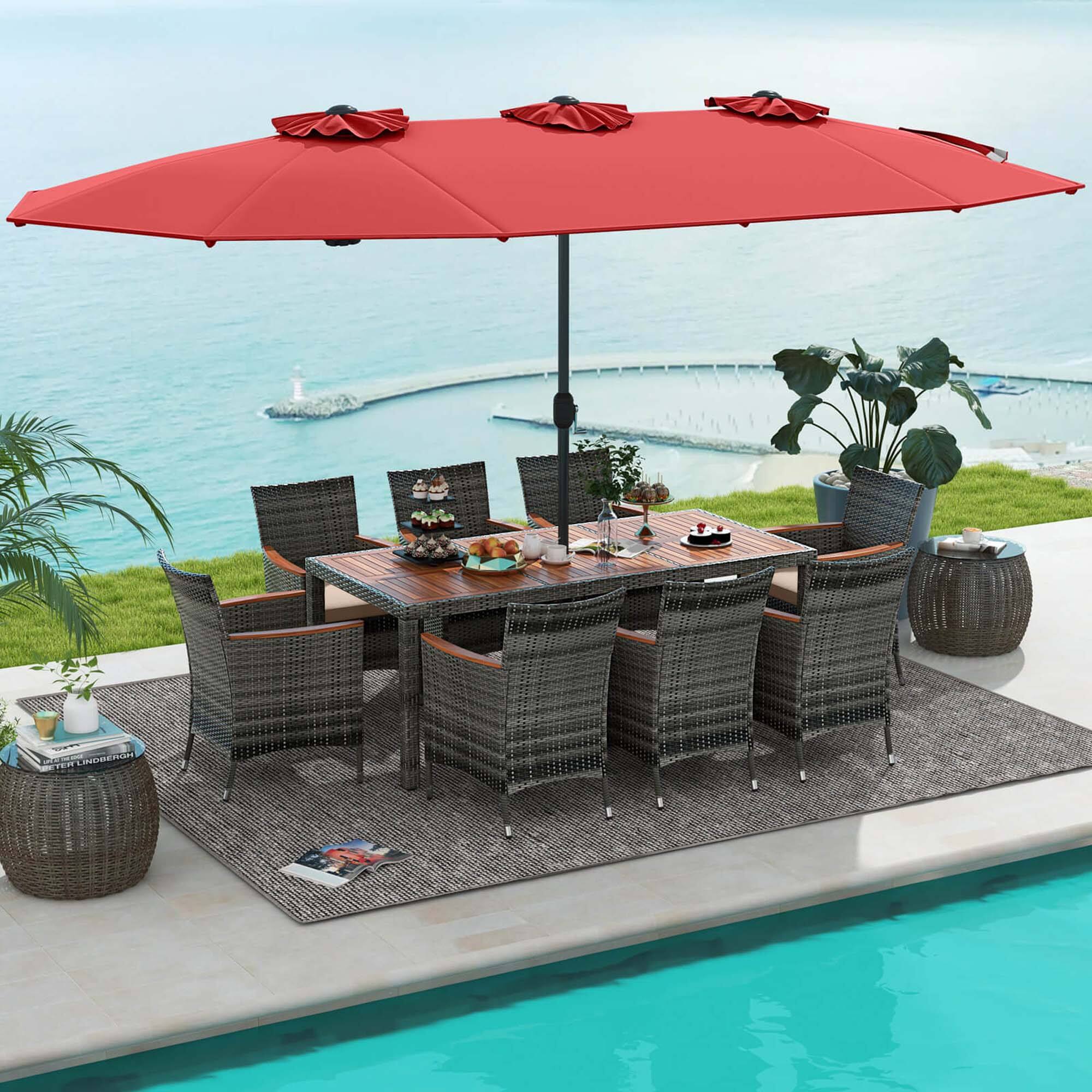 Alt View 2. Costway - 10 Pieces Patio Wicker Dining Set with Double-Sided Patio Umbrella 8 Armchairs - Red,Mix Brown.